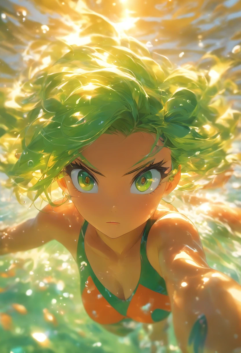 foreshortening,  depth of field, masterpiece, best quality, 1girl, green hair, brown eyes,  long hair, on the water swimming, air bubble, solo, looking at viewer, school swimsuit, swimming, dappled sunlight, sexy ester reflections