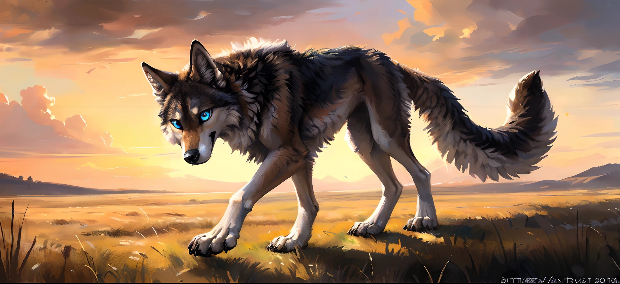 ((Solo)), Male, coyote, (Multi-colored fur, White-brown:1.3,White tail pointed), ((Wolf face, White hair, Big eyes, White eyelids, Blue pupil, Slim:1.2) (Tough, Calm expression:1.2)), Robust,Slim, pinging)), (Correct body anatomy), A big tail,Feet,Longer torso,Well-proportioned limbs,(Realistic fur, Detailed fur texture, labeled:1.3)), (Natural lighting), Photorealistic, Hyperrealistic, ultradetailed, by Kenket,Naked all over the body,Endless grasslands,Walking