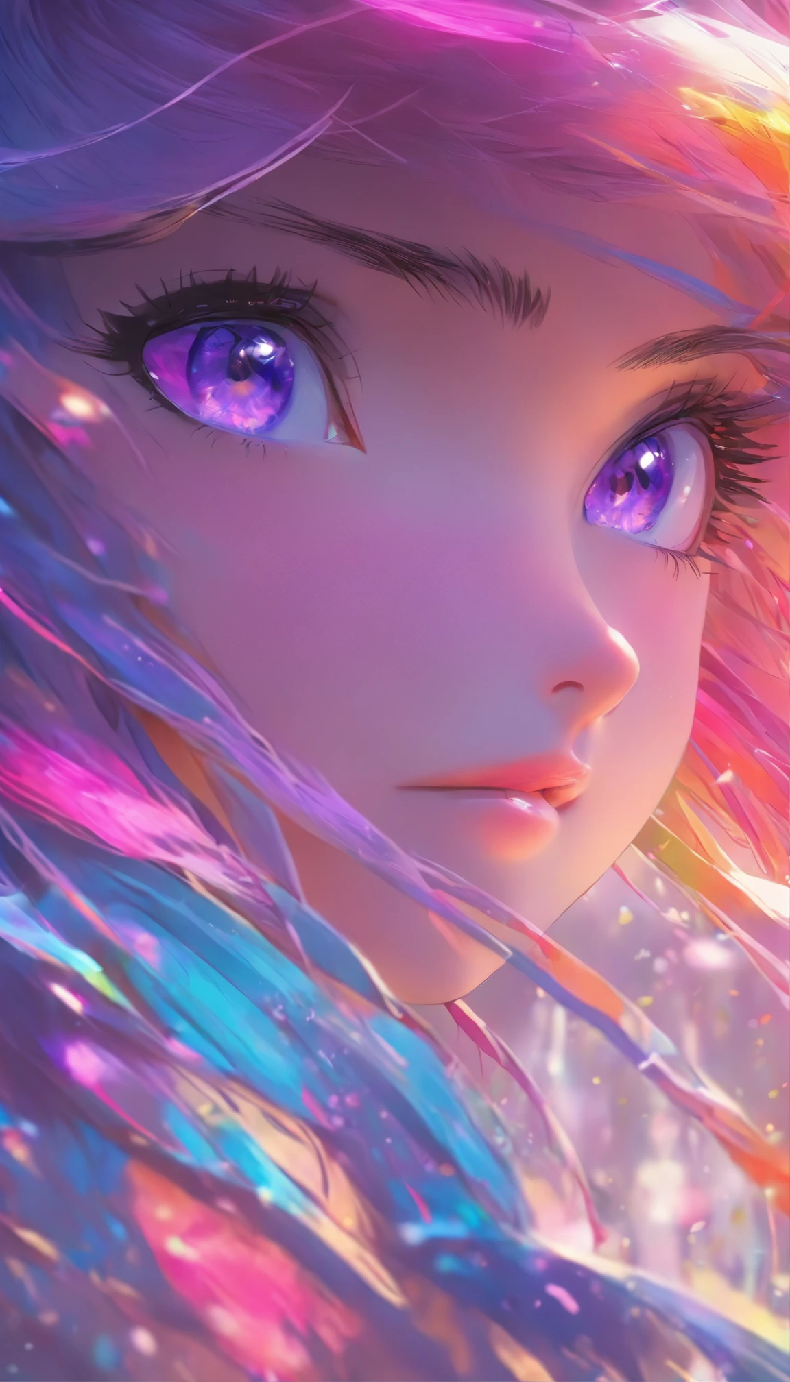a girl, cabello arco iris ,purple eyes, pintura tradicional china con tinta
