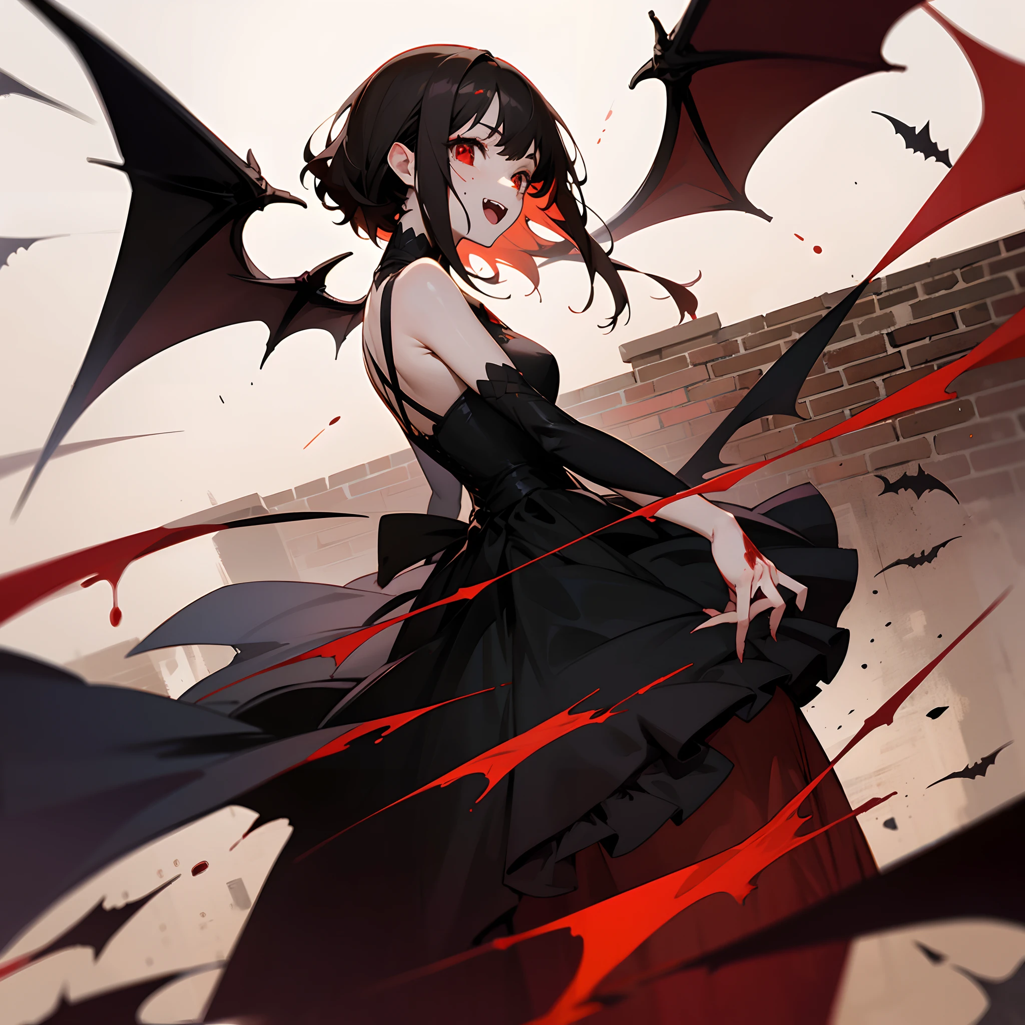 one-girl,Black brown hair,fang,big laughter,Blood splattered on the face,Light red eyes,Fair skin,black color dress,There are bat wings on the back,Surrounded by brick floors
