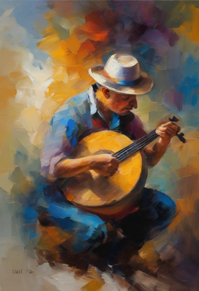 Homem tocando instrumento pandeiro, camiseta listrada, chapel branco