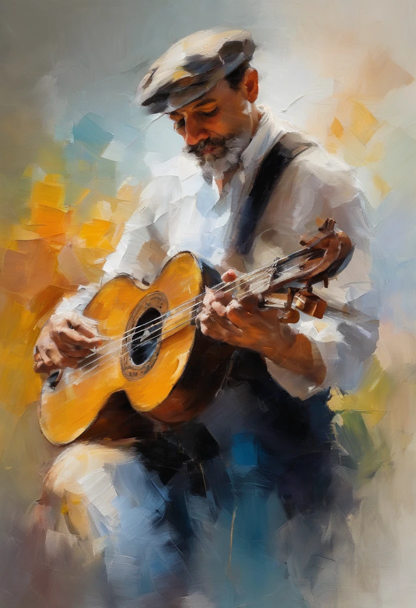 Homem tocando instrumento pandeiro, camiseta listrada, chapel branco