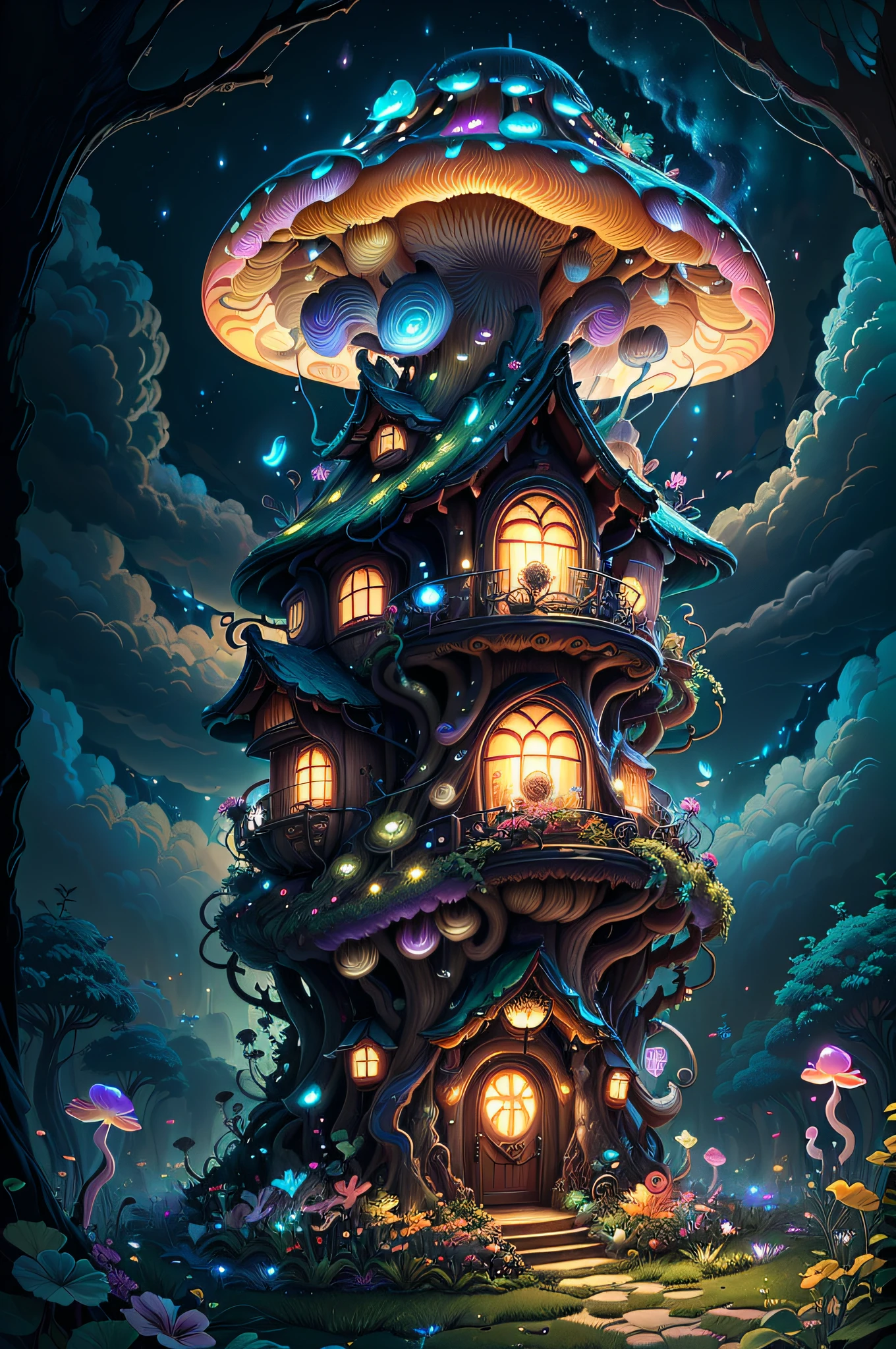(Swirling clouds and colorful flowers), (forest fireflies fantasy korean mushroom house), (midnight), (Irregular), (mysterious), (ridiculous), dreamy, disney, t shirt design, vector,