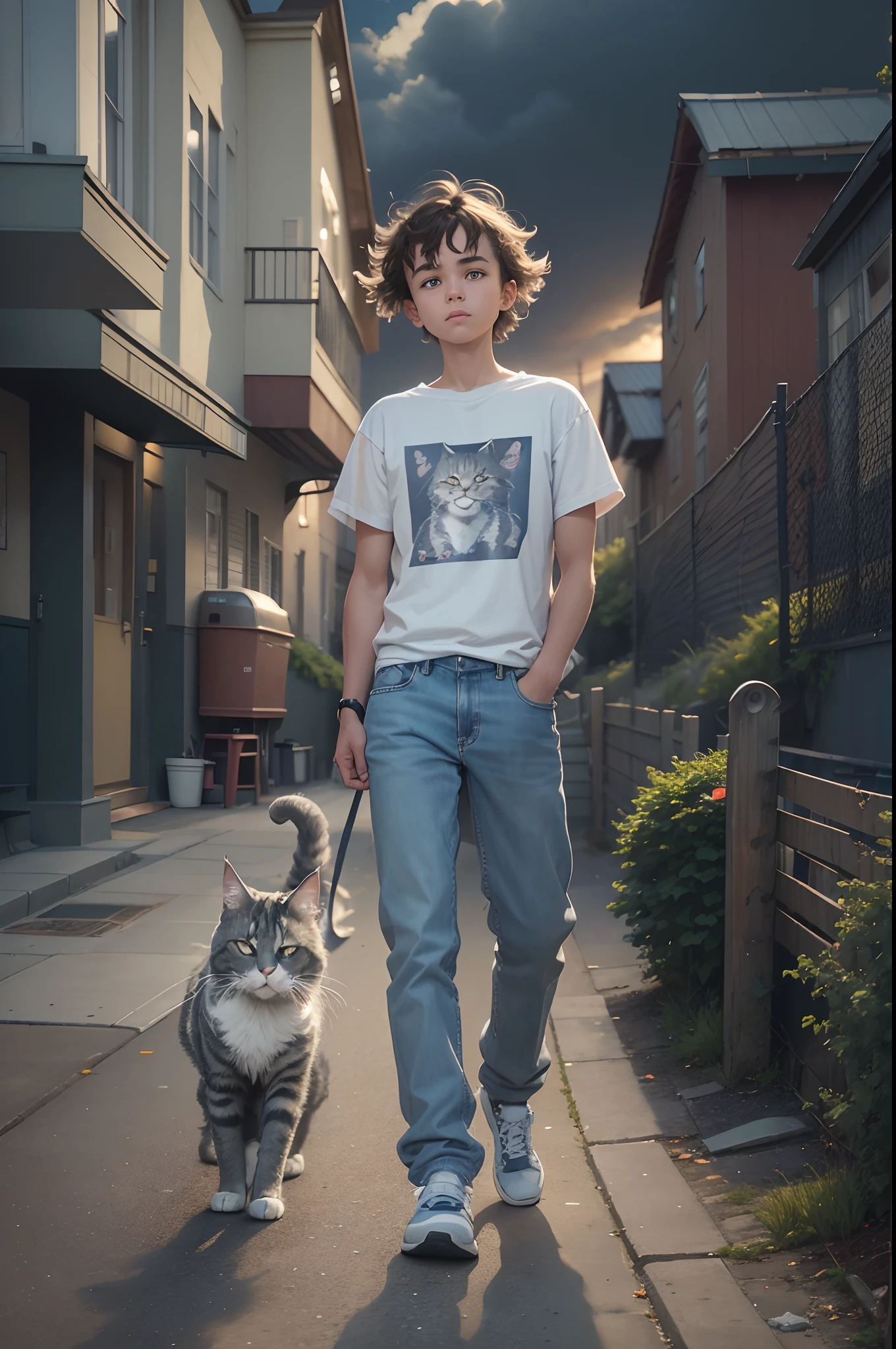 a grey Maine Coon cat walking on top of a white picket fence, medium shot, parallel to camera, small boy in blue jeans and tennis shoes and brown hair balancing on the fence behind cat, imitating cat, gritty city, dirty city, old school city dump in the back ground, illustration art style,24k resolution, photorealistic, hyperdetailed