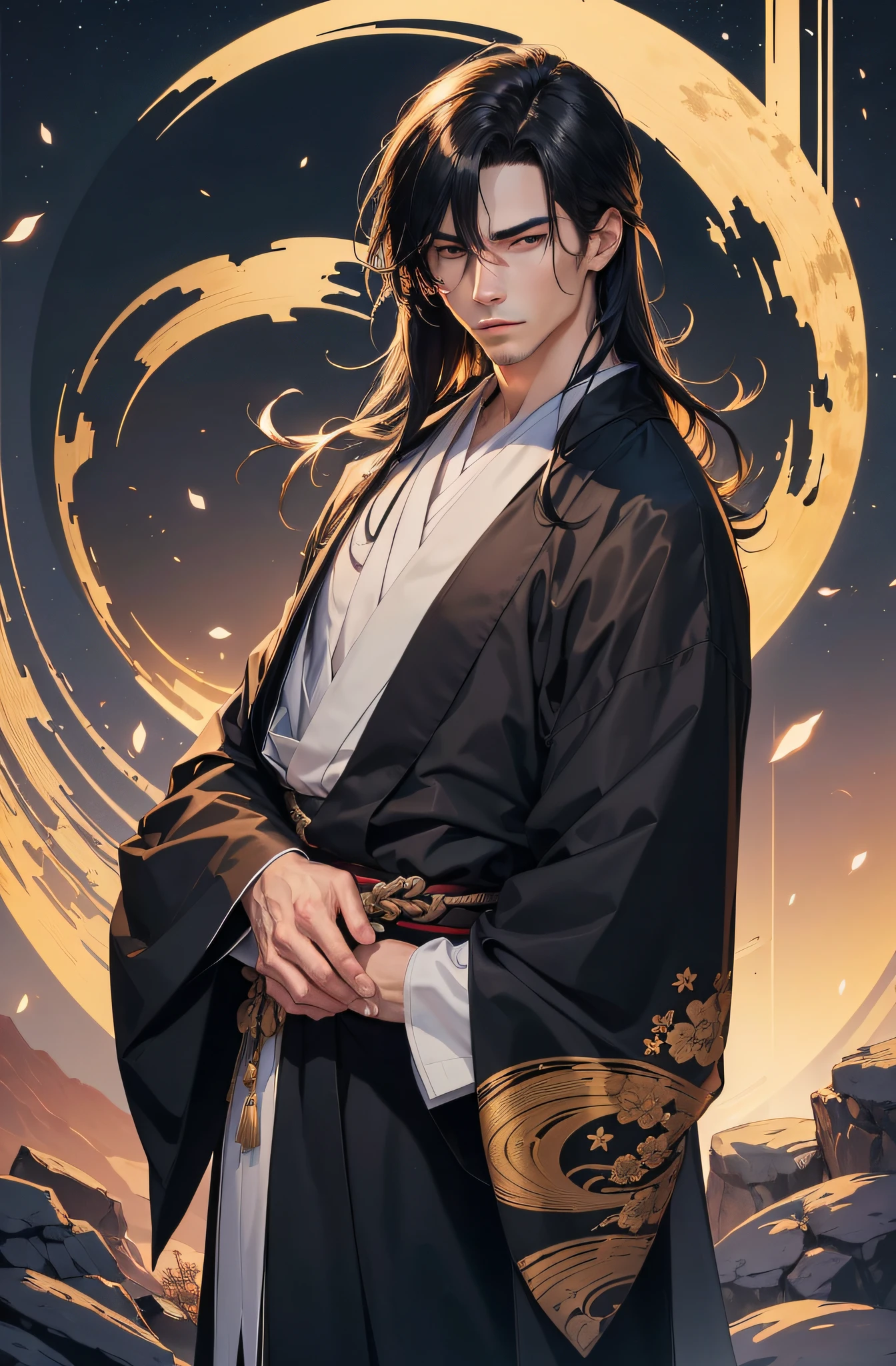(Meisterwerk), best quality, ultra-high resolution, ((Ein Mann)), masculine, elegant, japanischer Gott, Tsukuyomi, ausdrucksstarke Augen, Perfektes Gesicht, half body, Blick auf den Betrachter, dutch angle, Cowboy erschossen, (langes schwarzes Haar), (Goldene Augenfarbe), stattlich, night time, Mondsichel, Japanische Kleidung, schwarz-blauer Kimono, cherry blossoms, Dynamisches Licht, Beautiful colors, Milky Way, FESTPLATTE
