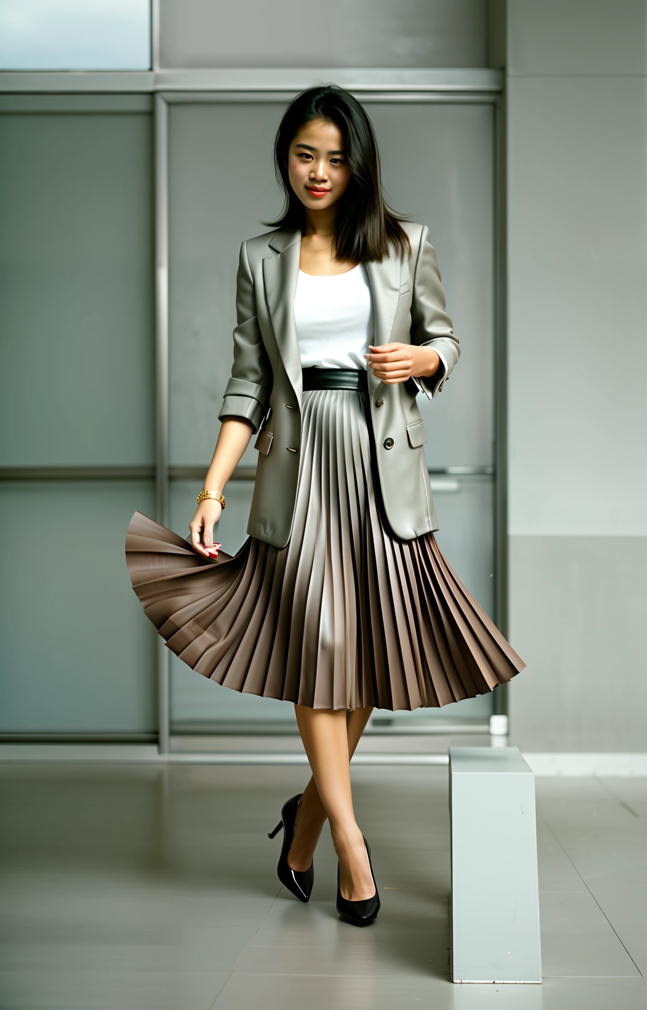 very (seductive:1,9) smiling very (young:1,9) girl wearing short blazer and very very detailed (long (fully pleated) full circle skirt) and (simple) low heeled office shoes, very very intricate hyper-detailed symmetric (attractive graceful young feminine face) with (sad, tired eyes and a shy smile), large breasts, full of empathy and compassion and love, (pronounced (feminine) features), (highly detailed ultra accurate realistic) hands and fingers, playing with skirt, dancing, (windy conditions and wind blowing), epic composition, highly detailed attributes, highly detailed atmosphere, (35mm f1.4 Kodak portra 400 photograph), extremely high quality RAW photograph,