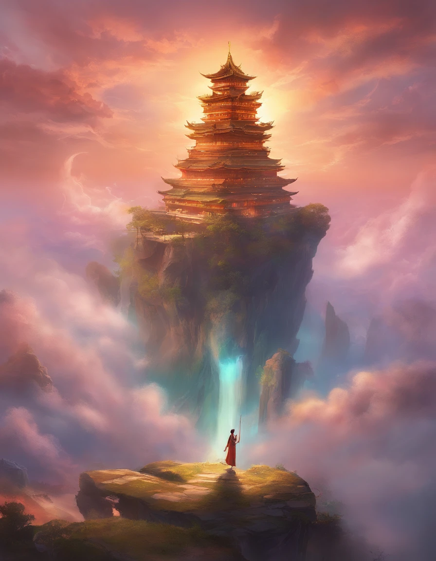 ((masutepiece))，(best quality))，estilo da porcelana，in sky, The clouds form a huge statue of transparent and bright white jade Maitreya，nuvens espessas，sol brilhando，Peregrinos na Estrada，hyper-realistic，Ultra foto realsisim，Rosa，8k，High definition，alta quaridade，Obras de mestres，super-fino，（（（Renderizador OC）））
