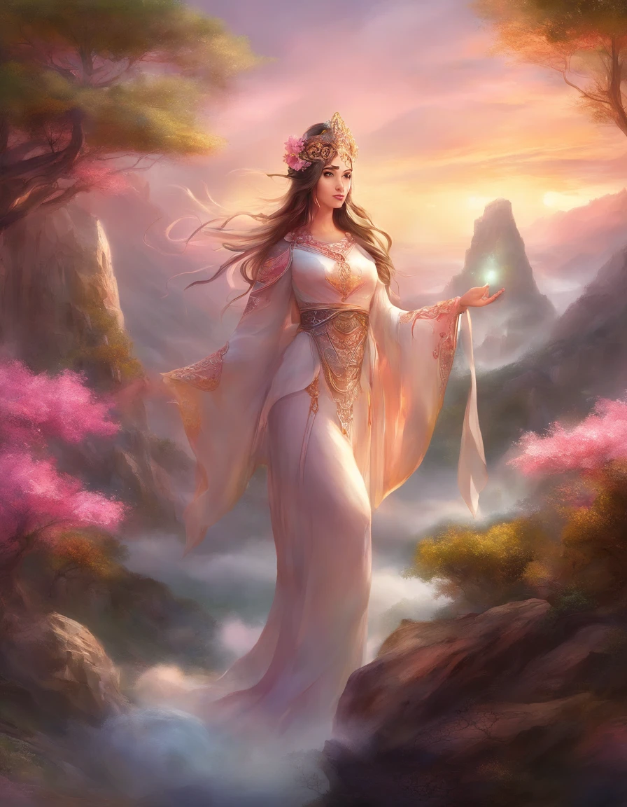 ((masutepiece))，(best quality))，estilo da porcelana，in sky, The clouds form a huge statue of transparent and bright white jade Maitreya，nuvens espessas，sol brilhando，Peregrinos na Estrada，hyper-realistic，Ultra foto realsisim，Rosa，8k，High definition，alta quaridade，Obras de mestres，super-fino，（（（Renderizador OC）））