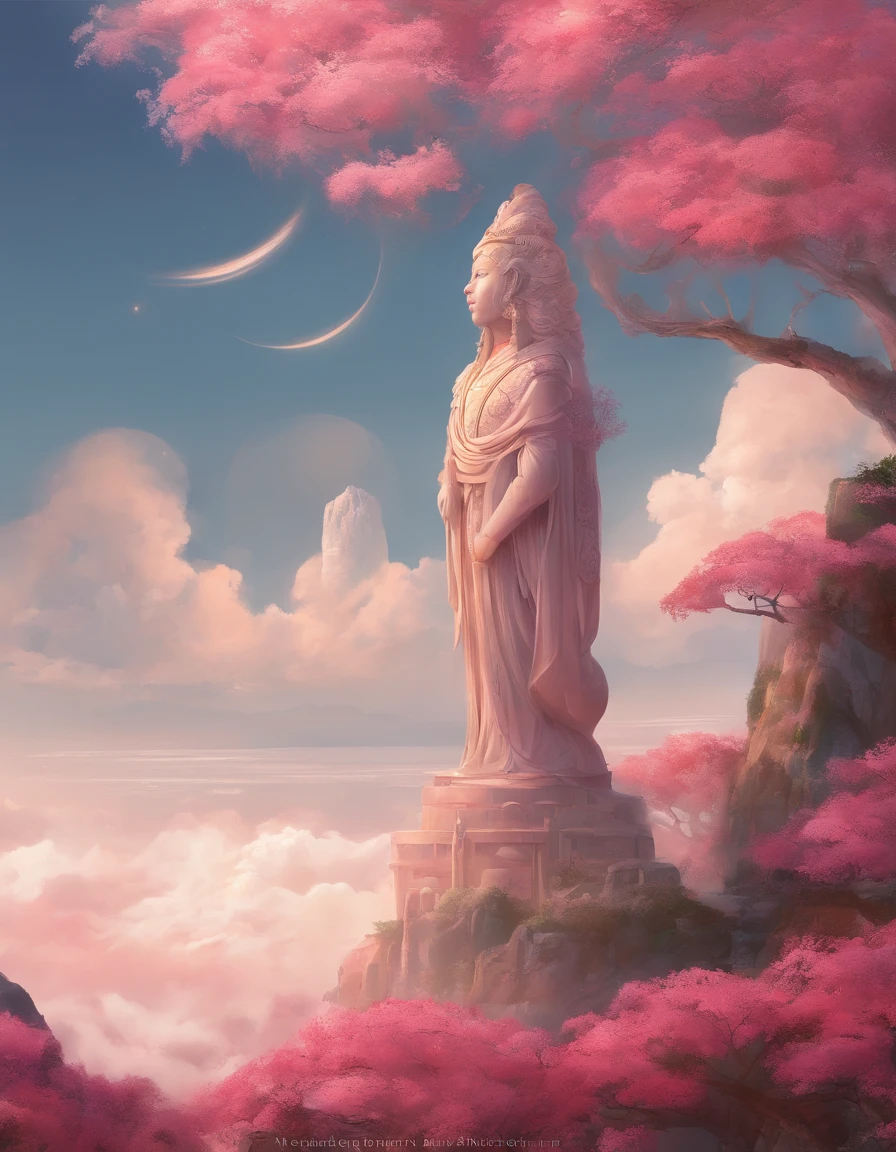 ((masutepiece)),(best quality)),estilo da porcelana,in sky, The clouds form a huge statue of transparent and bright white jade Maitreya,nuvens espessas,sol brilhando,Peregrinos na Estrada,hyper-realistic,Ultra foto realsisim,Rosa,8k,High definition,alta quaridade,Obras de mestres,super-fino,(((Renderizador OC)))