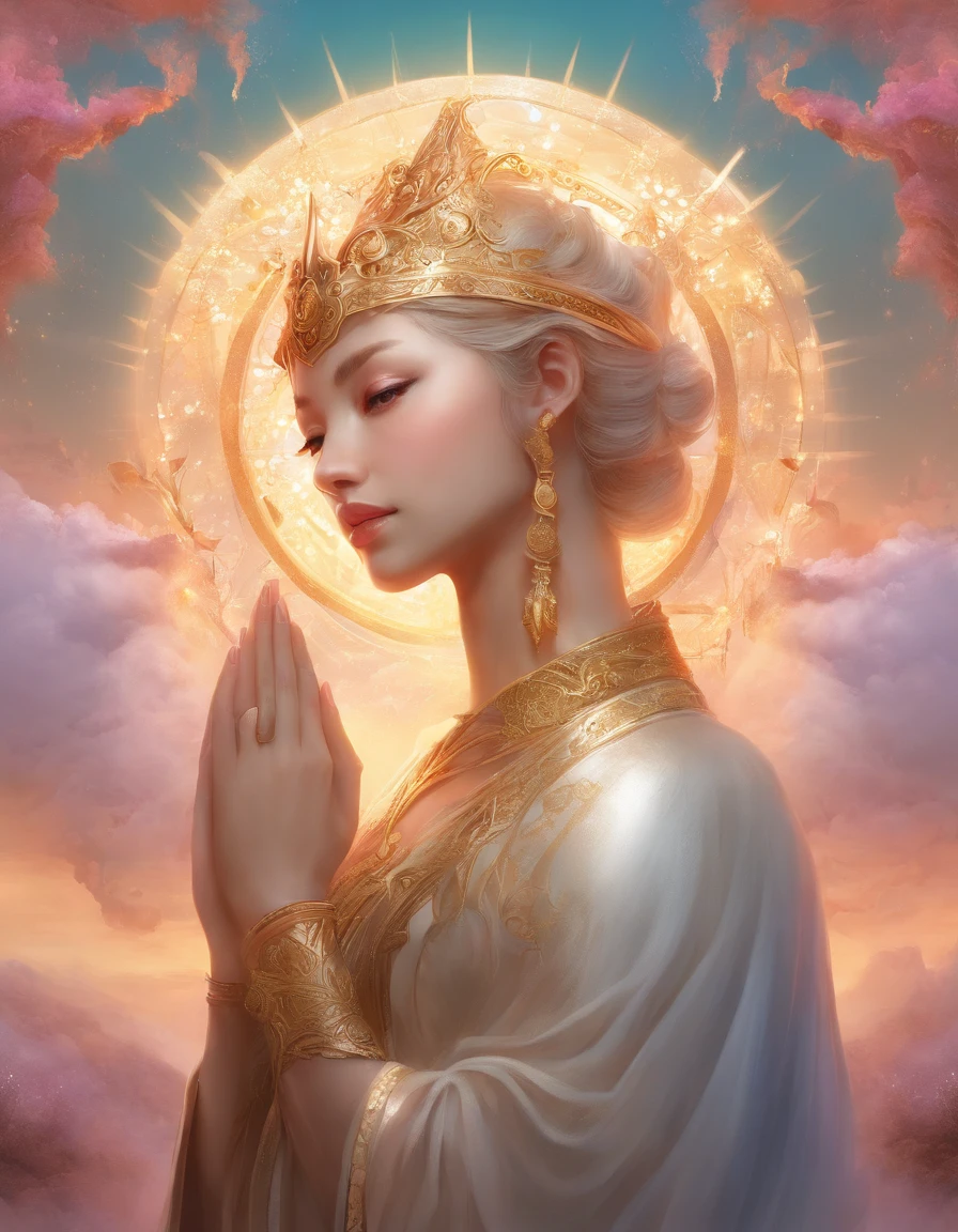 ((masutepiece)),(best quality)),estilo da porcelana,in sky, The clouds form a huge statue of transparent and bright white jade Maitreya,nuvens espessas,sol brilhando,Peregrinos na Estrada,hyper-realistic,Ultra foto realsisim,Rosa,8k,High definition,alta quaridade,Obras de mestres,super-fino,(((Renderizador OC)))