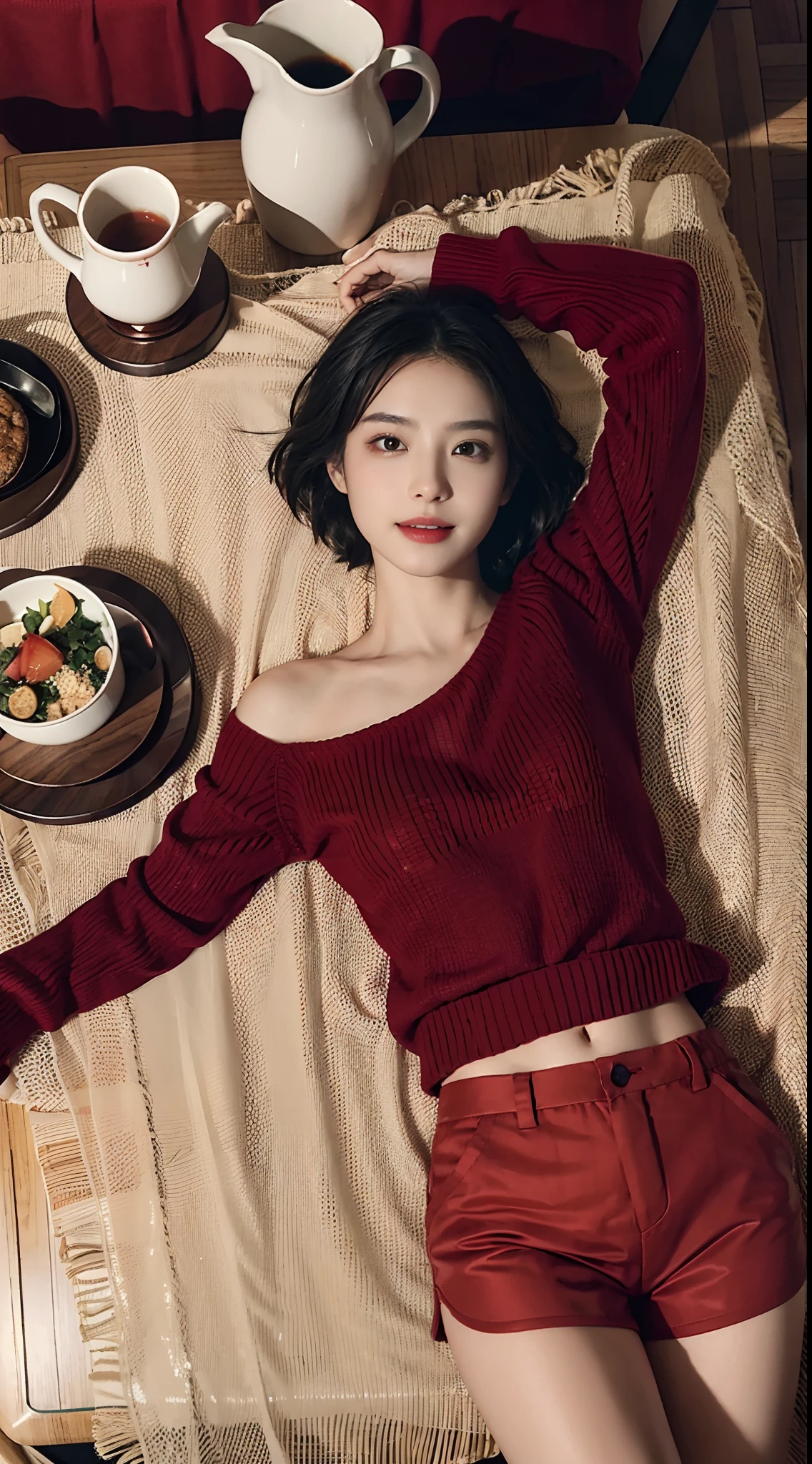 (Small lower chest,Tomboyish,small heads)),  (perfect bodies: 1.1), (short-length straight short hair: 1.2), attractive collarbone，（极其细致的CG 8k壁纸），（Extremely refined and beautiful），（masterpiece），（best qualtiy：1.0），（超高分辨率：1.0），upper body photos，[A high resolution]，cheerfulness，Smile，Smooth and flawless fair skin，ultra - detailed ，Elongated legs，（Small breasts:1.1),Flat chest,Slim，emaciated，No bra,After bath, (red sweater:1.3),(red hollowed out transparent shorts:1.3),At home, in dinning room,Close shot，nightfall，warm light，a dinning table,(Several dishes on the table:1.3),(Lying flat on back on the dining table:1.3),Top down overhead camera perspective,Flower patterned tablecloth