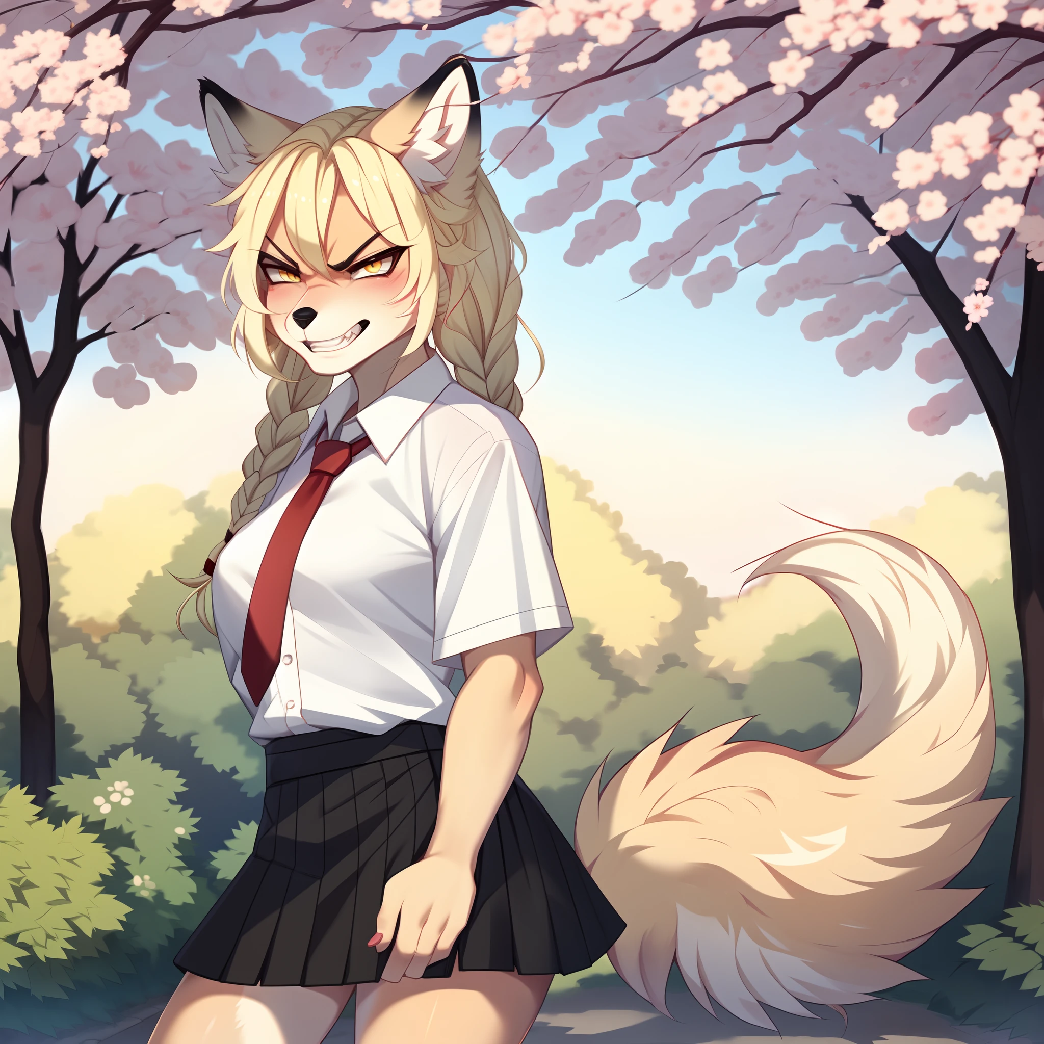 Kimiko, angry eyes, grinning, standing, blonde, twin-tail braids, solo:1.3, wearing white button up, red tie, black skirt, in a Japanese park, cherry blossoms in the background