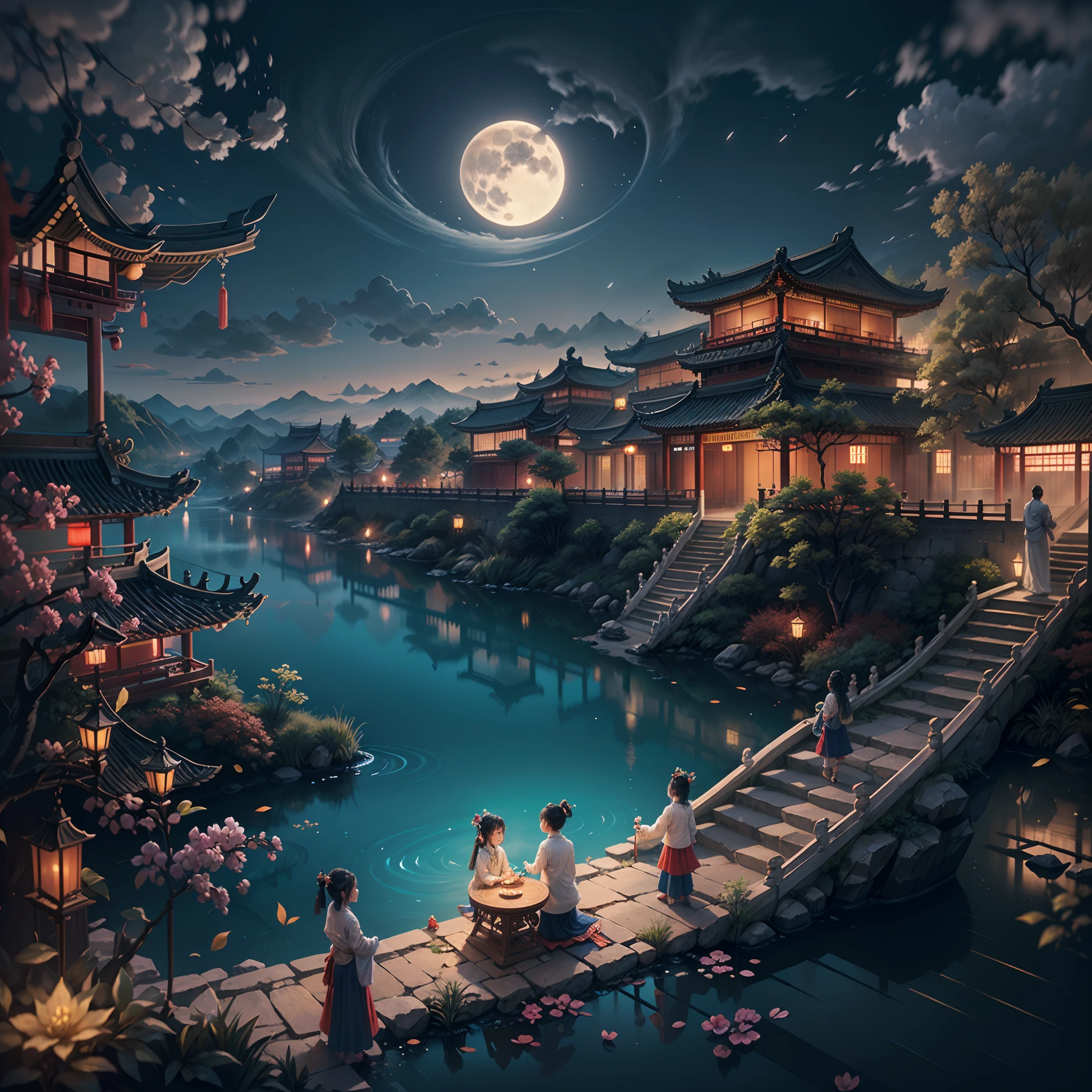 ((Ancient Chinese scenery，in a panoramic view，Faraway view))，Mid-Autumn Festival，moon full，Glowing moon，A garden overgrown with osmanthus and bamboo forests，1 family sitting together，Children eating happily food，There was wine on the table in front of him、Tea and mooncakes，nigh sky，Fireworks explosions，starlights，blue backdrop，palaces，sparkler，(A complete painting），（Extremely detailed picture），（light and shadow effect），（Movie lighting），（cinema4d），（Light particle tracing），（rendering by octane），（Layered artistic effects），（Best Painting），（Master painting）,(8K分辨率)，(photorealestic，realisticlying，tmasterpiece，anatomy correct，Accurate perfect korean girl face，1.4x realism，hyper HD)，（The is very detailed，reasonable design，Clear lines，High- sharpness，best qualtiy，offcial art）