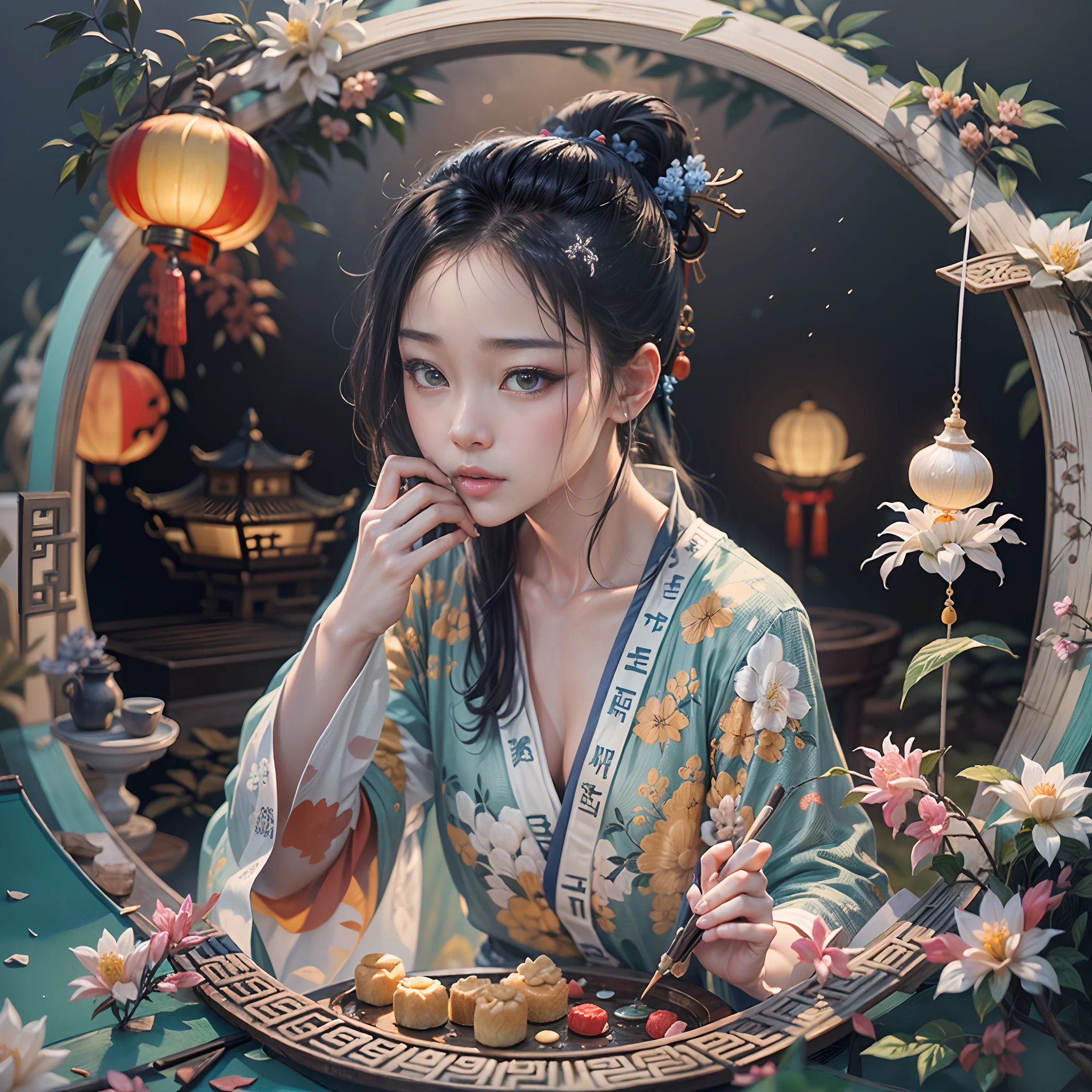 ((Ancient Chinese scenery,in a panoramic view,Faraway view)),Mid-Autumn Festival,moon full,Glowing moon,A garden overgrown with osmanthus and bamboo forests,1 family sitting together,Children eating happily food,There was wine on the table in front of him、Tea and mooncakes,nigh sky,Fireworks explosions,starlights,blue backdrop,palaces,sparkler,(A complete painting),(Extremely detailed picture),(light and shadow effect),(Movie lighting),(cinema4d),(Light particle tracing),(rendering by octane),(Layered artistic effects),(Best Painting),(Master painting),(8K分辨率),(photorealestic,realisticlying,tmasterpiece,anatomy correct,Accurate perfect korean girl face,1.4x realism,hyper HD),(The is very detailed,reasonable design,Clear lines,High- sharpness,best qualtiy,offcial art)