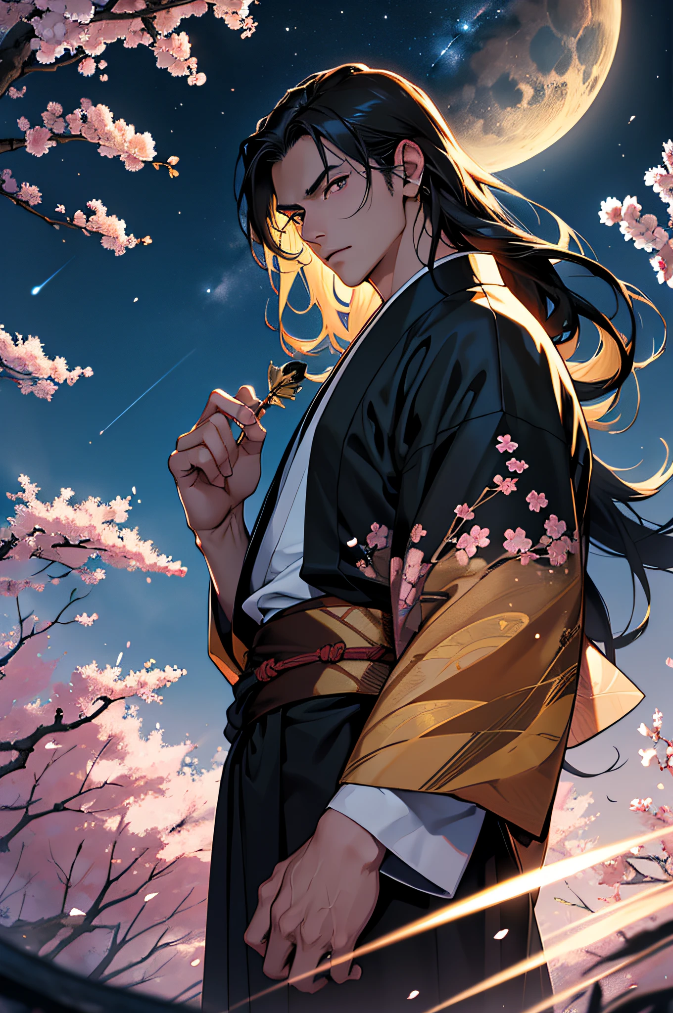 (masterpiece), best quality, ultra-high resolution, ((one man)), male, elegant, (japanese God), Tsukuyomi, expressive eyes, perfect face, half body, looking at viewer, dutch angle, cowboy shot, (very long black flowy hair), (golden eye color), handsome, night time, crescent moon, (japanese clothing), (black blue kimono), (extremely detailed clothing), cherry blossoms, dynamic light, beautiful colors, milky way, hd