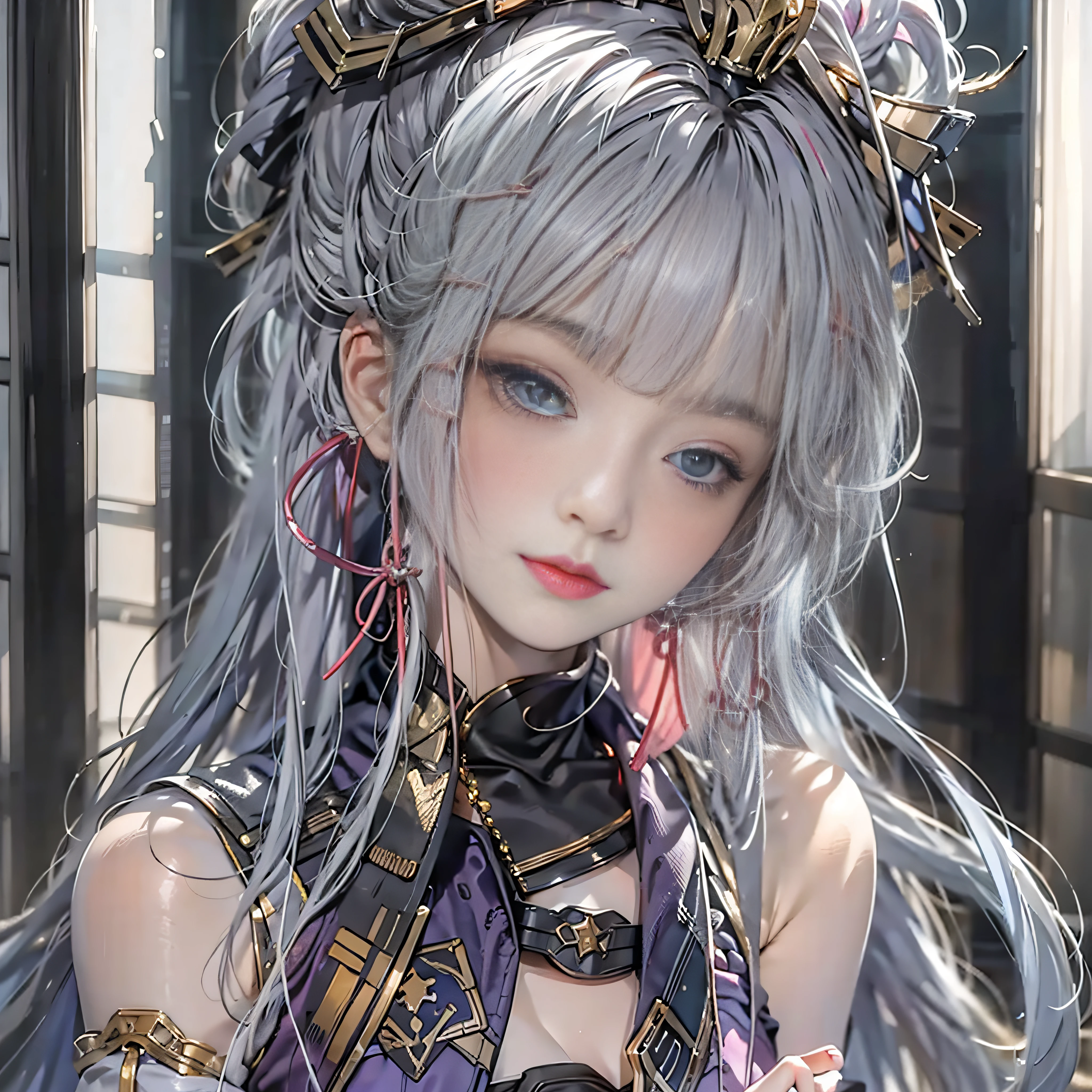 masterpiece、best qualtiy、the detail、depth of fields、Ultra-realistic and realistic face and eyes、realistic skin textures、电影灯光、Gaze on the audience。1 girl in、独奏、(frowned、Mouth closed)、Ketin_\(Genshin_impactful\)、Purple_Eyes、purple color hair、both sides、sharp eye、serious faces、gloves、Black stockings、outside of house、purple lightning、Fileg、Lightning shining sword、purple lightning、The upper part of the body、Colossal tits