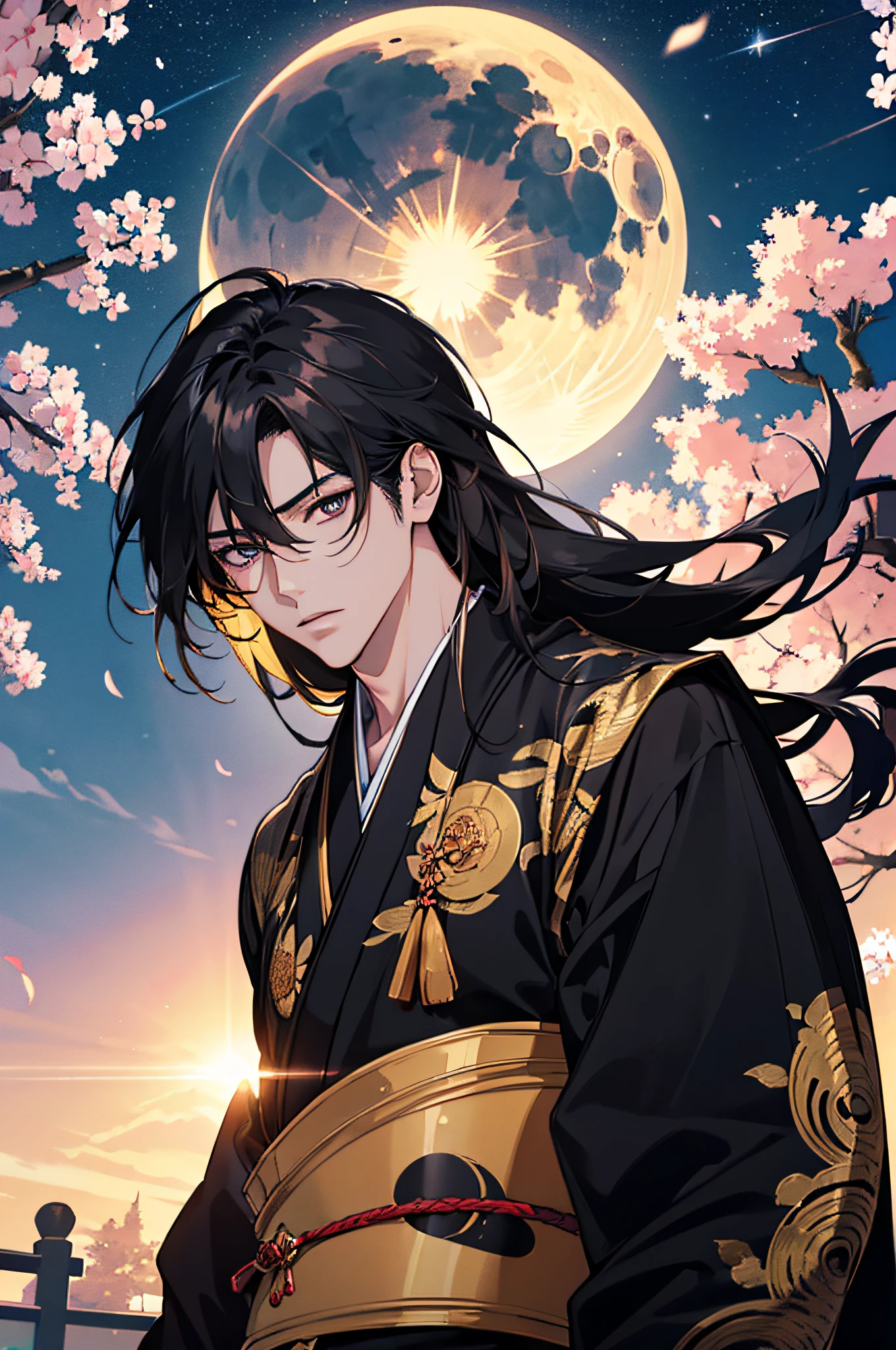 (masterpiece), best quality, ultra-high resolution, ((one man)), male, elegant, (japanese God), Tsukuyomi, expressive eyes, perfect face, half body, looking at viewer, dutch angle, cowboy shot, (very long black flowy hair), (golden eye color), handsome, night time, crescent moon, (japanese clothing), (black blue kimono), (extremely detailed clothing), cherry blossoms, dynamic light, beautiful colors, milky way, hd