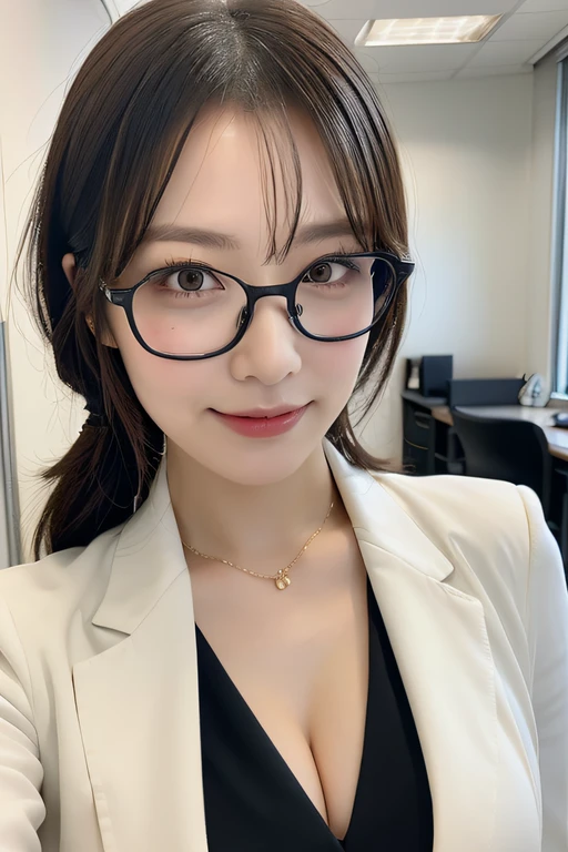 (Best quality, 8k, 32k, Masterpiece, UHD:1.2), 1 girl, ((close up:1.2)), beautiy Japanese office lady, (smile:0.5), (looking at the viewer), bit chubby, glasses, grey suit, grey mini skirt, closed white shirt, open jacket, office room, desk, (huge breasts, buttocks:1.2), detailed beautiful face, pony-tail hair, from below,