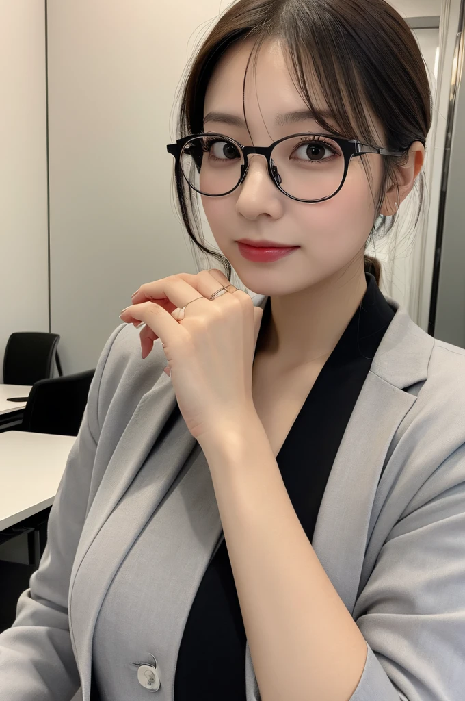 (Best quality, 8k, 32k, Masterpiece, UHD:1.2), 1 girl, ((close up:1.2)), beautiy Japanese office lady, (smile:0.5), (looking at the viewer), bit chubby, glasses, grey suit, grey mini skirt, closed white shirt, open jacket, office room, desk, (huge breasts, buttocks:1.2), detailed beautiful face, pony-tail hair, from below,