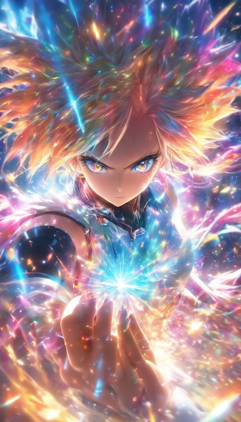 {{masterpiece}}, best quality, extremely detailed CG unity 8k wallpaper, cinematic lighting, lens flare, beautiful detail eyes, black,  side glance,  multicolor hair, colorful light, particles, heterochromia, (colorful:1.5), (colorful hair:1.5),