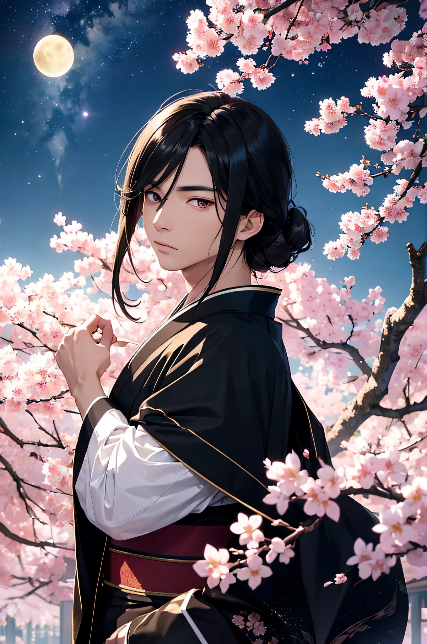 (masterpiece), best quality, ultra-high resolution, ((one man)), male, elegant, (japanese God), Tsukuyomi, expressive eyes, perfect face, half body, looking at viewer, dutch angle, cowboy shot, (very long black flowy hair), (golden eye color), handsome, night time, crescent moon, (japanese clothing), (black blue kimono), (extremely detailed clothing), cherry blossoms, dynamic light, beautiful colors, milky way, hd