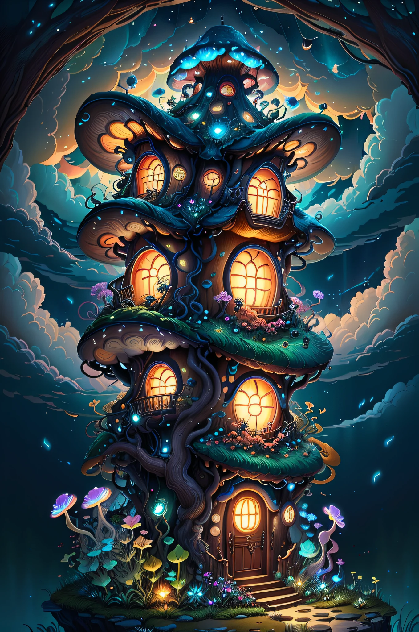 (Swirling clouds and colorful flowers), (forest fireflies fantasy korean mushroom house), (midnight), (Irregular), (mysterious), (ridiculous), dreamy, disney, t shirt design, vector,