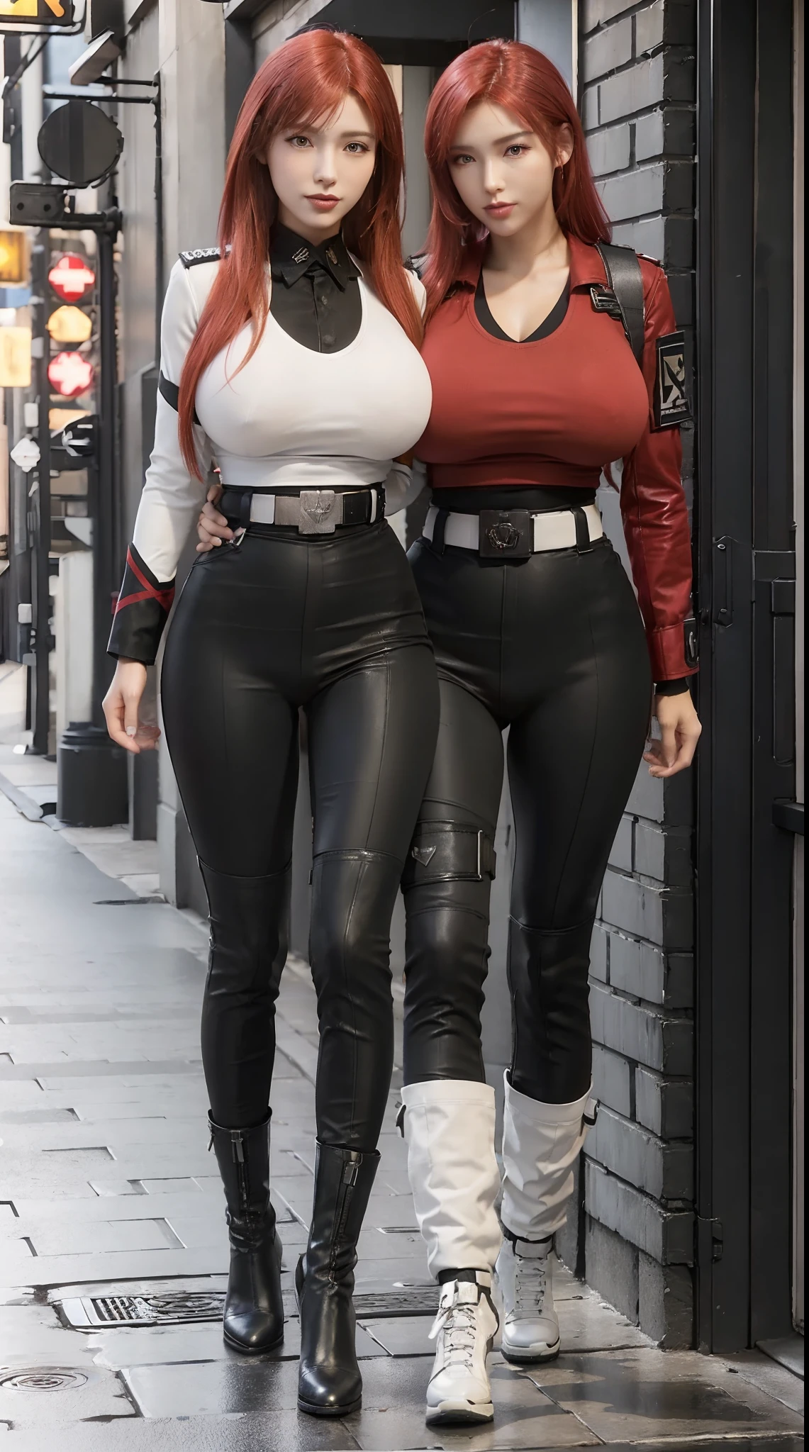 physically-based rendering, 1girl, Female soldier, (red hair), (huge fake ???????:1.2), (street city), ???? muscular body, slim waist, big ????????, (Full body:1.3), walking, skintight army pants white:1.2, (white:1.5 military uniform:1.3).