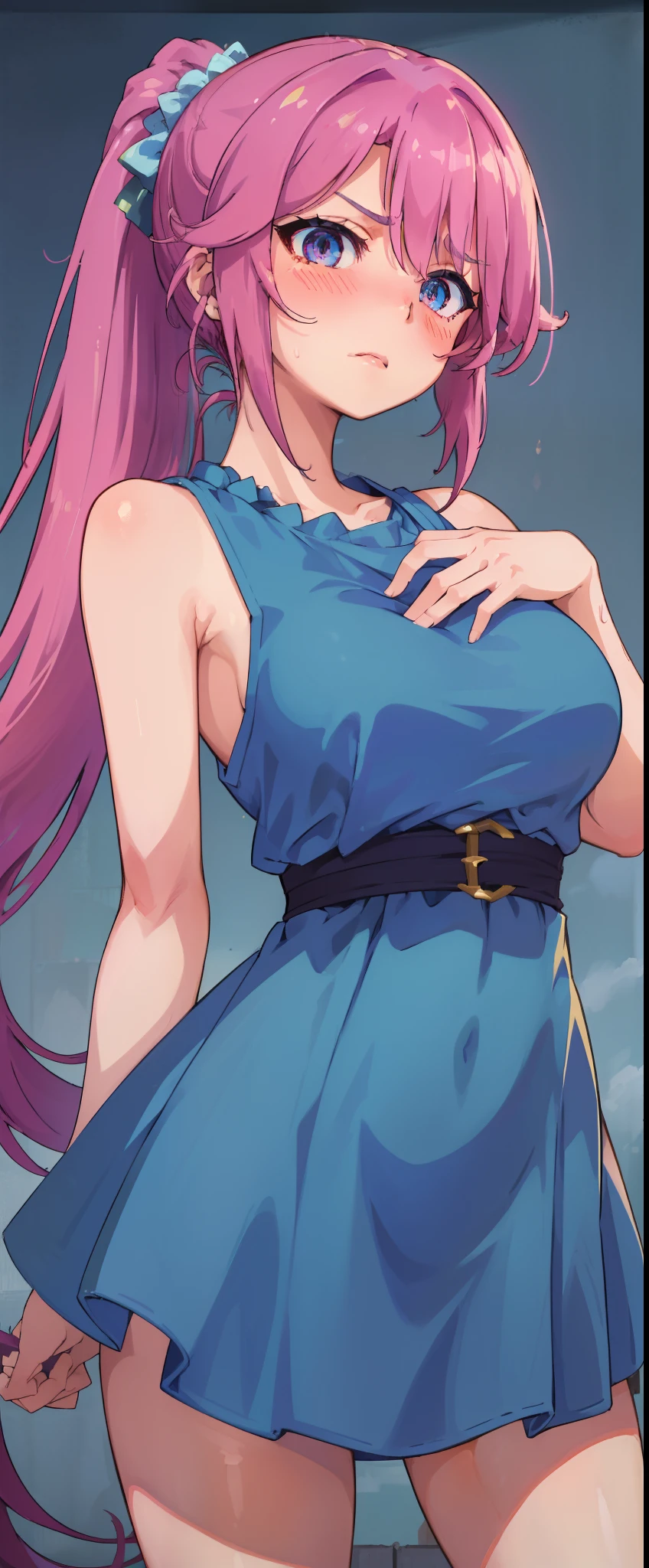 Jibril, upper body, blushed, perfect anatomy, detailed eyes, detailed lips, extremely detailed eyes and face, vivid colors, sharp focus, masterpiece:1.2, ultra-detailed, blushed, ((doggystyle)), (solo), ((blue dress)), sleeveless, (ponytail), ((disdain,  disgust)), looking at viewer, simple background, ((standing straight))