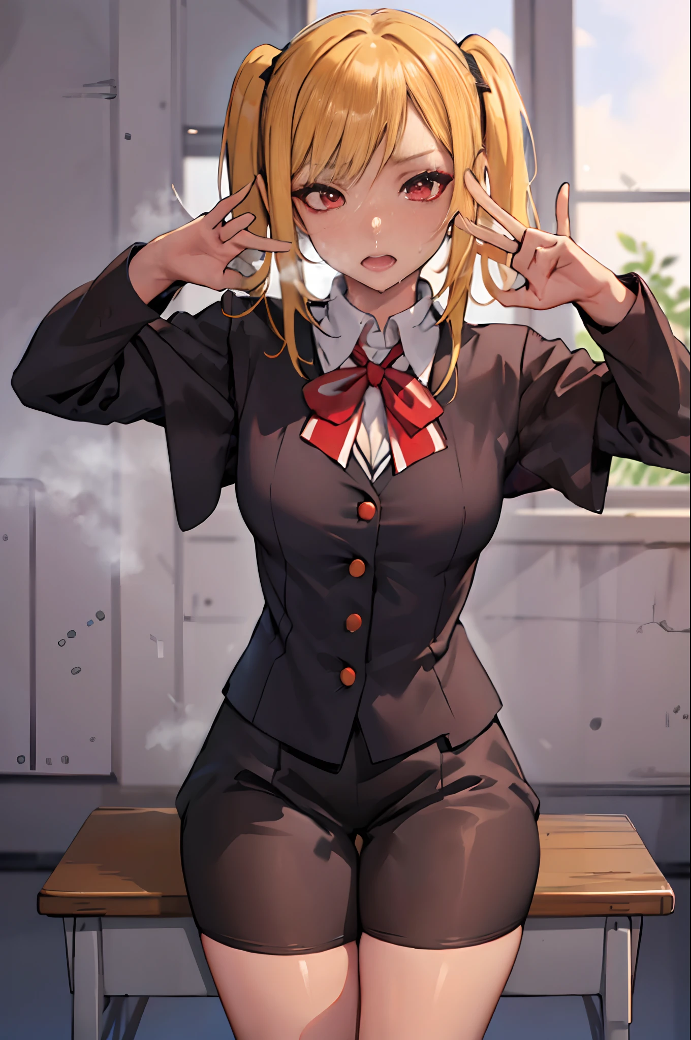 (masterpiece:1.2, best quality), 1lady, solo, school uniform, classroom, day, sit, blonde, twintails, red eyes, open collabone, darkskin, (open breasts:1.1), ((steam,sweat)), makeup, girl、Wall Don、