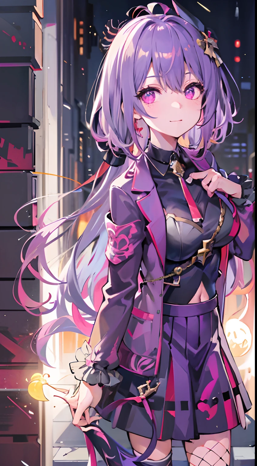 ​masterpiece, of the highest quality, Highly detailed,The best shading、
Beautiful anime face and eyes, full body Esbian, Standing, Good posture, Right hand on hip, The left hand draws a circle、Hold up your little finger、Glowing skin, ear piercings,Shorthair,Side tail、Bangs that hide the eyes、Cool Face、Petite、Hanging、Animal ears、tail、
Gold Hair Color,Purple inner hair color, Hairpin,(A smile:0.8),(irate:0.8)、Purple eye color、Hanging、normal hands, Colossal tits, Ring-shaped bangle on left hand, Choker,hair pin、Thin ribbon、
jaket、The shirt、layered skirts、fishnet tights、Navel、clothes shiny、Ring overhead、
Night, fullmoon, starrysky、Scattered light particles, Blurry background image,