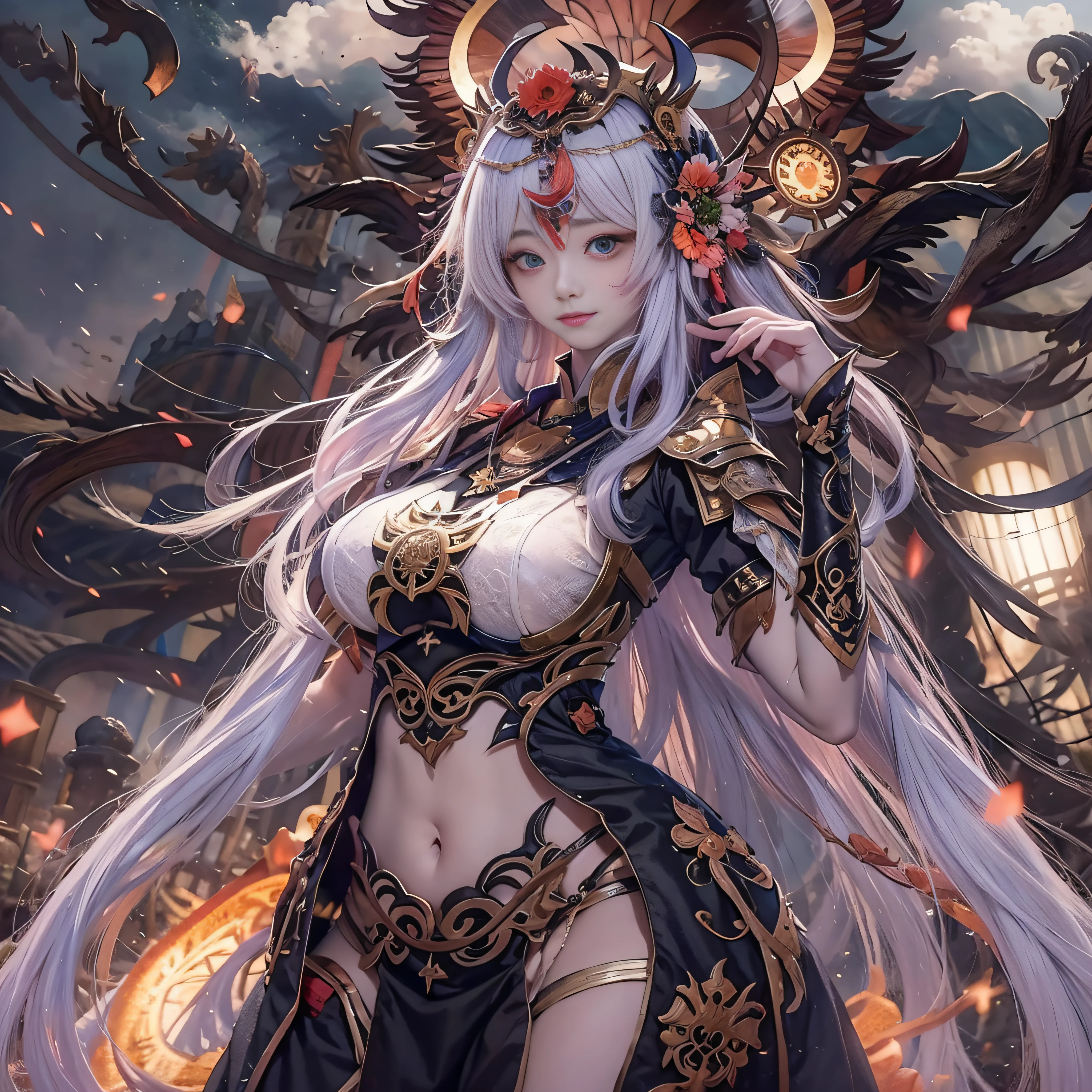 masutepiece, Best Quality,Unity 8k壁纸, ultra-detailliert, Beautiful and aesthetic, Beautiful, Official art, Amaterasu Priestess, SanDisk, Solar Flare Spell, Blessing of the Sun Goddess, ,divine intervention,Colossal tits、full body Esbian、A bell hangs on his chest　　huge udder　High exposure　Black costume　Black Impulse