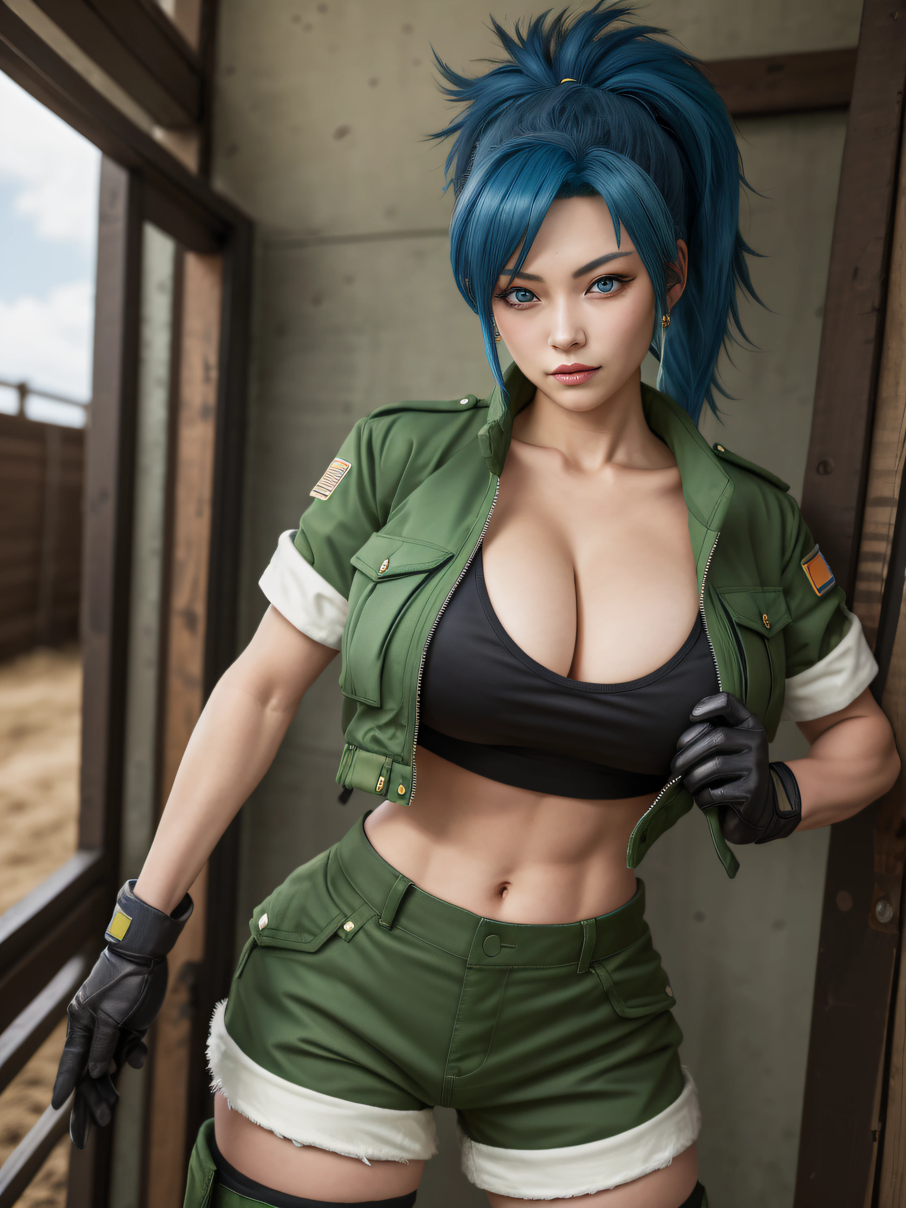 tmasterpiece,, Best quality at best, A high resolution, 1girl, leona heidern, Blue hair, eBlue eyes, pony tails, green shorts, cleavage,hason, crop top, Black gloves, nedium breasts, army suit, Green jacket, 耳Nipple Ring, jewelry, nabel, huge tit, cow boy shot,