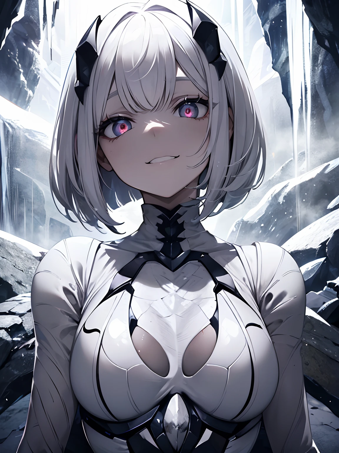 (masterpiece,best quality,ultra detailed),1girl,smirk,white insect body,(blood), (body beetle creature), beautiful and detailed face, detailed eyes,bob cut, white and purle hair,insanevoid, glowing eyes,(grey theme),in a dark cave