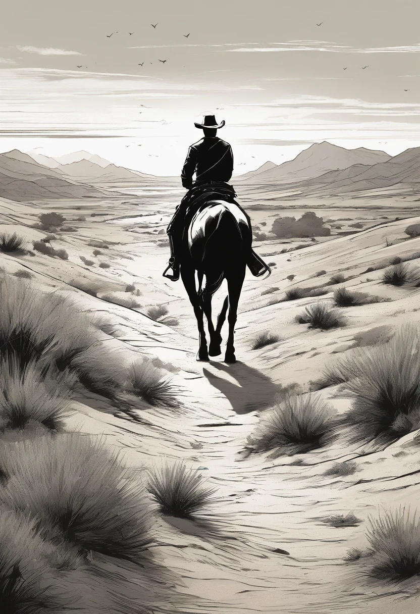 homen em cavalo correndo beira de um rio, paisagem de deserto, faroeste, cowboy, preto e branco,tons de cinza,Graycale, monocromatic,(best quality, 4k, highres, photorealistic:1.37), ultra-detailed, desert landscape, western movie scene, galloping horse by the riverside, cowboy silhouette, black and white, shades of gray, grayscale, monochromatic, dusty atmosphere, rustic simplicity, nostalgic, dramatic lighting, decayed buildings, endless horizon, vast expanse of sand, wind-swept dunes, rugged terrain, solitary figure in the distance, wild west vibes, vintage feel
