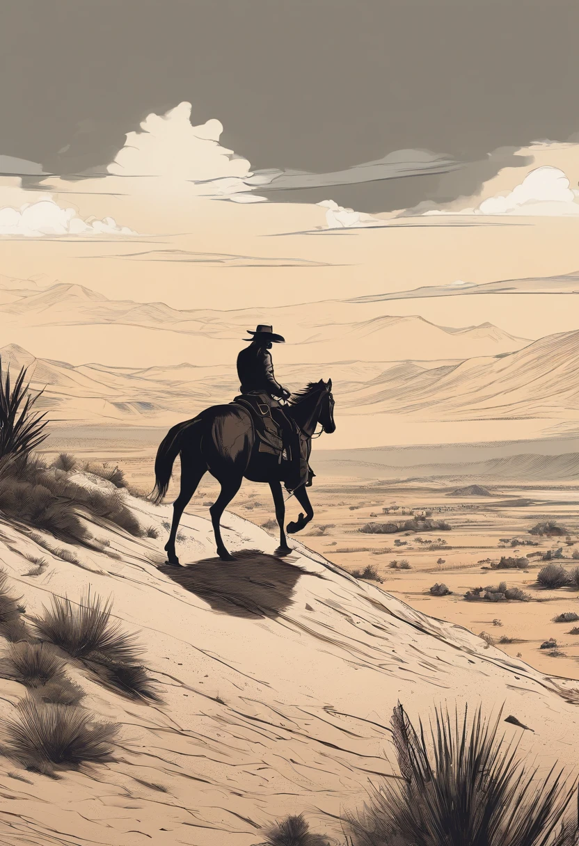 homen em cavalo correndo beira de um rio, paisagem de deserto, faroeste, cowboy, preto e branco,tons de cinza,Graycale, monocromatic,(best quality, 4k, highres, photorealistic:1.37), ultra-detailed, desert landscape, western movie scene, galloping horse by the riverside, cowboy silhouette, black and white, shades of gray, grayscale, monochromatic, dusty atmosphere, rustic simplicity, nostalgic, dramatic lighting, decayed buildings, endless horizon, vast expanse of sand, wind-swept dunes, rugged terrain, solitary figure in the distance, wild west vibes, vintage feel
