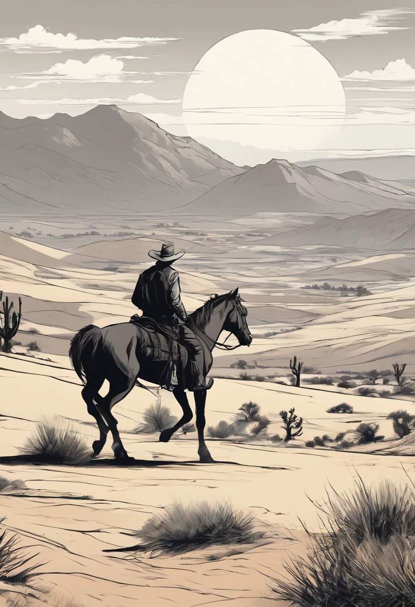homen em cavalo correndo beira de um rio, paisagem de deserto, faroeste, cowboy, preto e branco,tons de cinza,Graycale, monocromatic,(best quality, 4k, highres, photorealistic:1.37), ultra-detailed, desert landscape, western movie scene, galloping horse by the riverside, cowboy silhouette, black and white, shades of gray, grayscale, monochromatic, dusty atmosphere, rustic simplicity, nostalgic, dramatic lighting, decayed buildings, endless horizon, vast expanse of sand, wind-swept dunes, rugged terrain, solitary figure in the distance, wild west vibes, vintage feel