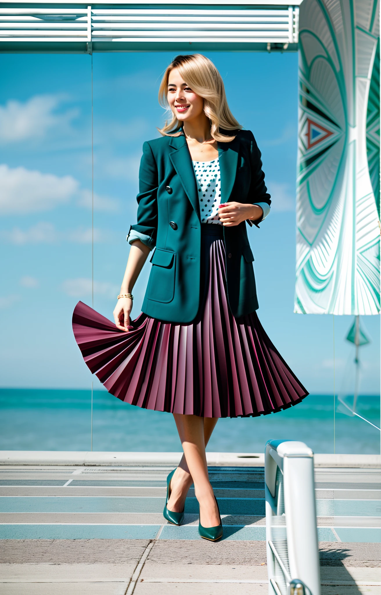 smiling 1955 woman wearing short blazer and very very detailed (long (fully pleated) full circle skirt) and (simple) low heeled office shoes, very very intricate hyper-detailed symmetric (attractive graceful young feminine face) with (sad, tired eyes and a shy smile), large breasts, full of empathy and compassion and love, (pronounced (feminine) features), (highly detailed ultra accurate realistic) hands and fingers, playing with skirt, dancing, (windy conditions and wind blowing), epic composition, highly detailed attributes, highly detailed atmosphere, (35mm f1.4 Kodak portra 400 photograph), extremely high quality RAW photograph,