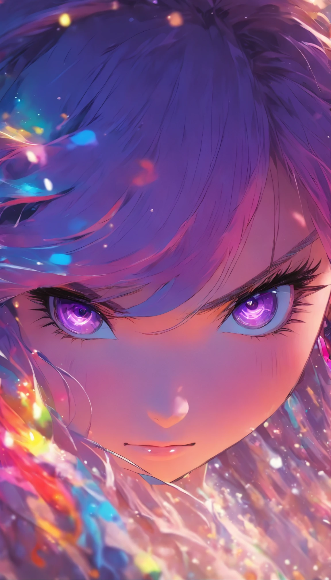 a  girl, cabello arco iris ,purple eyes, pintura tradicional china con tinta