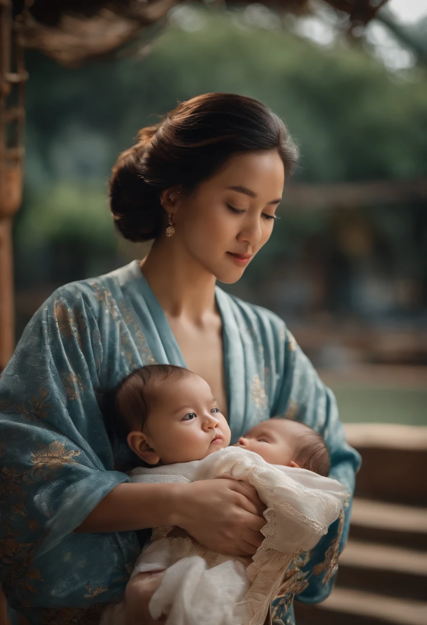{{master part, best quality, CG extremamente detalhado, Unity 8k papel de parede, Cinematic lighting}}, pintura a tinta tradicional chinesa, 1girl, 1Baby, Young woman holding a , corpo inteiro, arquitetura antiga, blue skies, dia ensolarado, arquitetura de madeira, protagonista proeminente, sorrir, olhos grandes, belos olhos detalhados, (seios grandes, clivagem), Bunda redonda, looking up at the audience, long eyelashes,