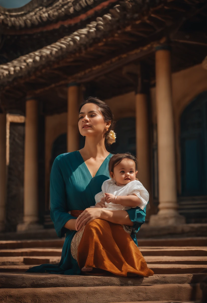 {{master part, best quality, CG extremamente detalhado, Unity 8k papel de parede, Cinematic lighting}}, pintura a tinta tradicional chinesa, 1girl, 1Baby, Young woman holding a baby, corpo inteiro, arquitetura antiga, blue skies, dia ensolarado, arquitetura de madeira, protagonista proeminente, sorrir, olhos grandes, belos olhos detalhados, (seios grandes, clivagem), Bunda redonda, looking up at the audience, long eyelashes,