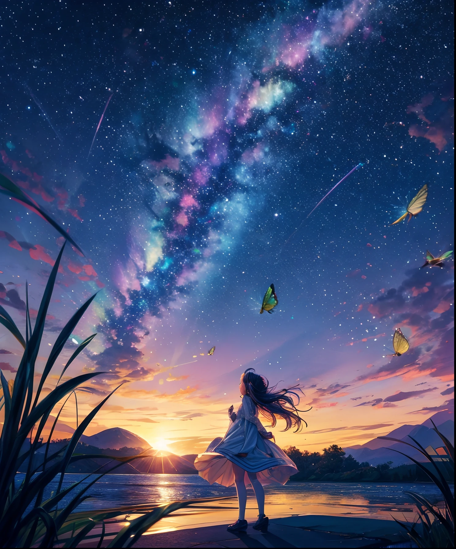 Cute girl characters、Describes a scene with grassy butterflies lying on the water flying around, Looking up at the starry sky. Surround her with colorful nebulae and her favorite constellations.