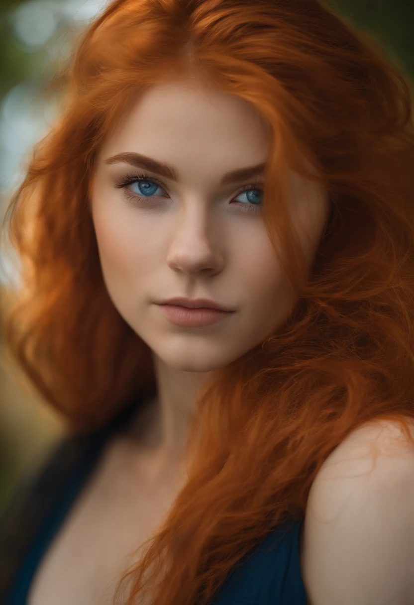 18 years old girl, hirsute orange hair, blue eyes, muscular