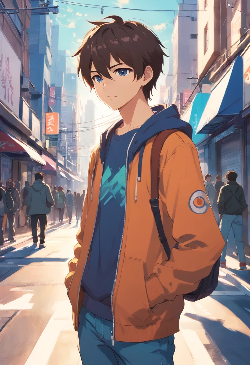 Teen boy with edgy clothing, city street, defiant look