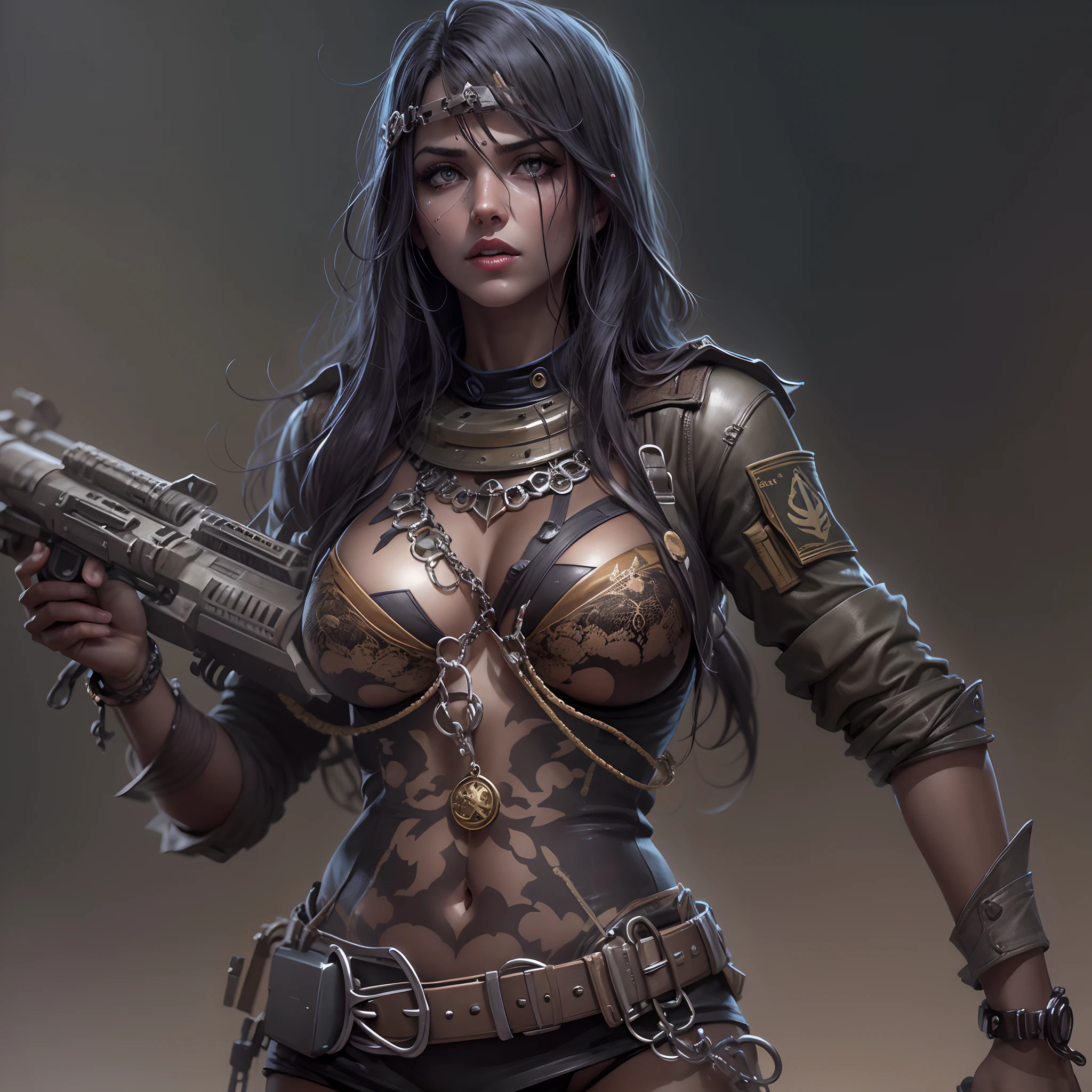 Gere uma imagem detalhada da personagem Mara, also known as 'Mara Death Dealer', do jogo Call of Duty: Guerra moderna. Describe its appearance, corpo inteiro, fisionomia cruel, micro bikini, na praia, sol poente, palmeiras, corpo escultural, flowing hair, [Equipamentos de ouro ((metralhadoras, Granadas, Accessories))], personalidade cruel