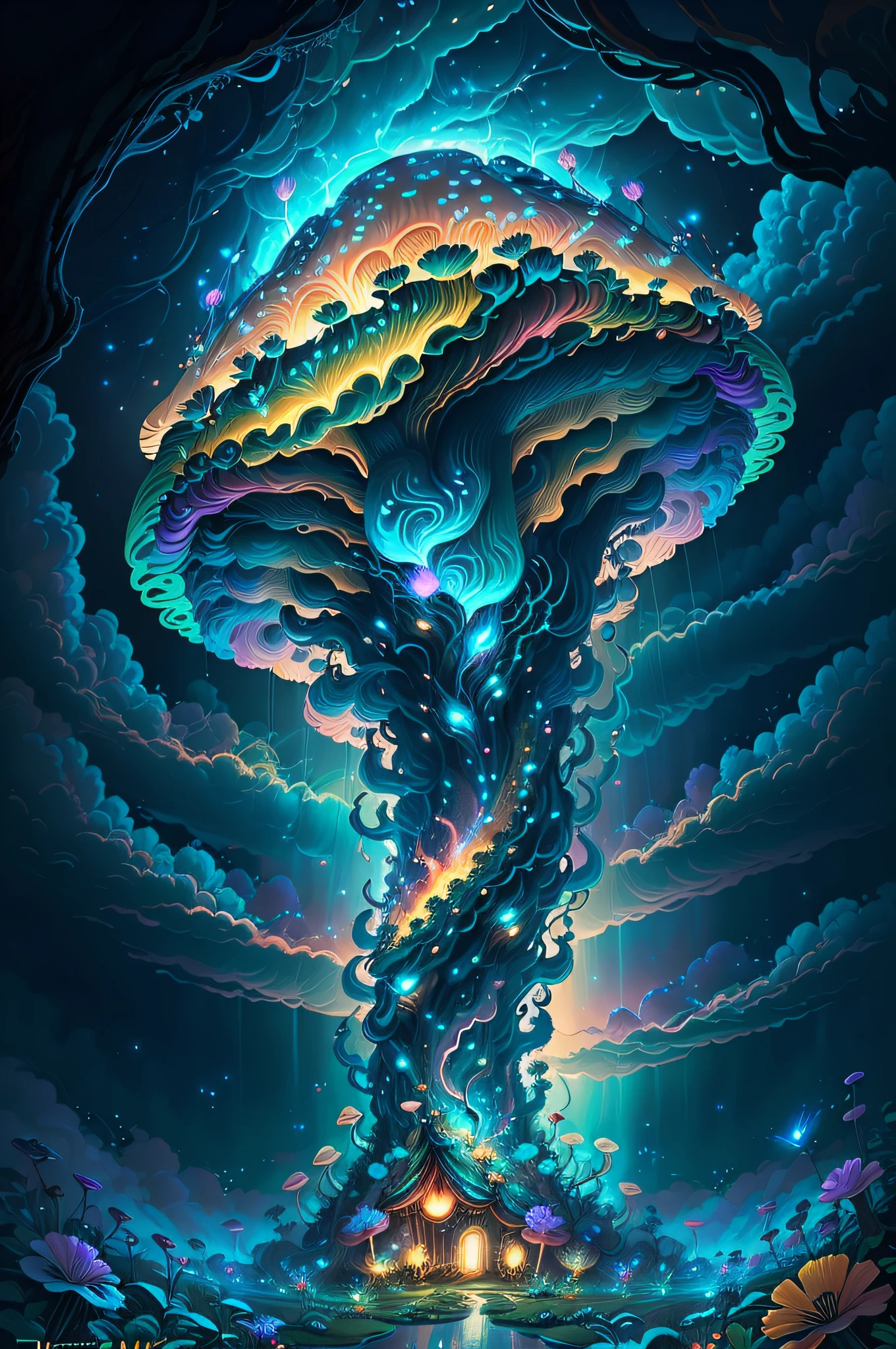 (Swirling clouds and colorful flowers), (forest fireflies fantasy korean mushroom kingdom), (midnight), (Irregular), (mysterious), (ridiculous), dreamy, disney, t shirt design, vector,