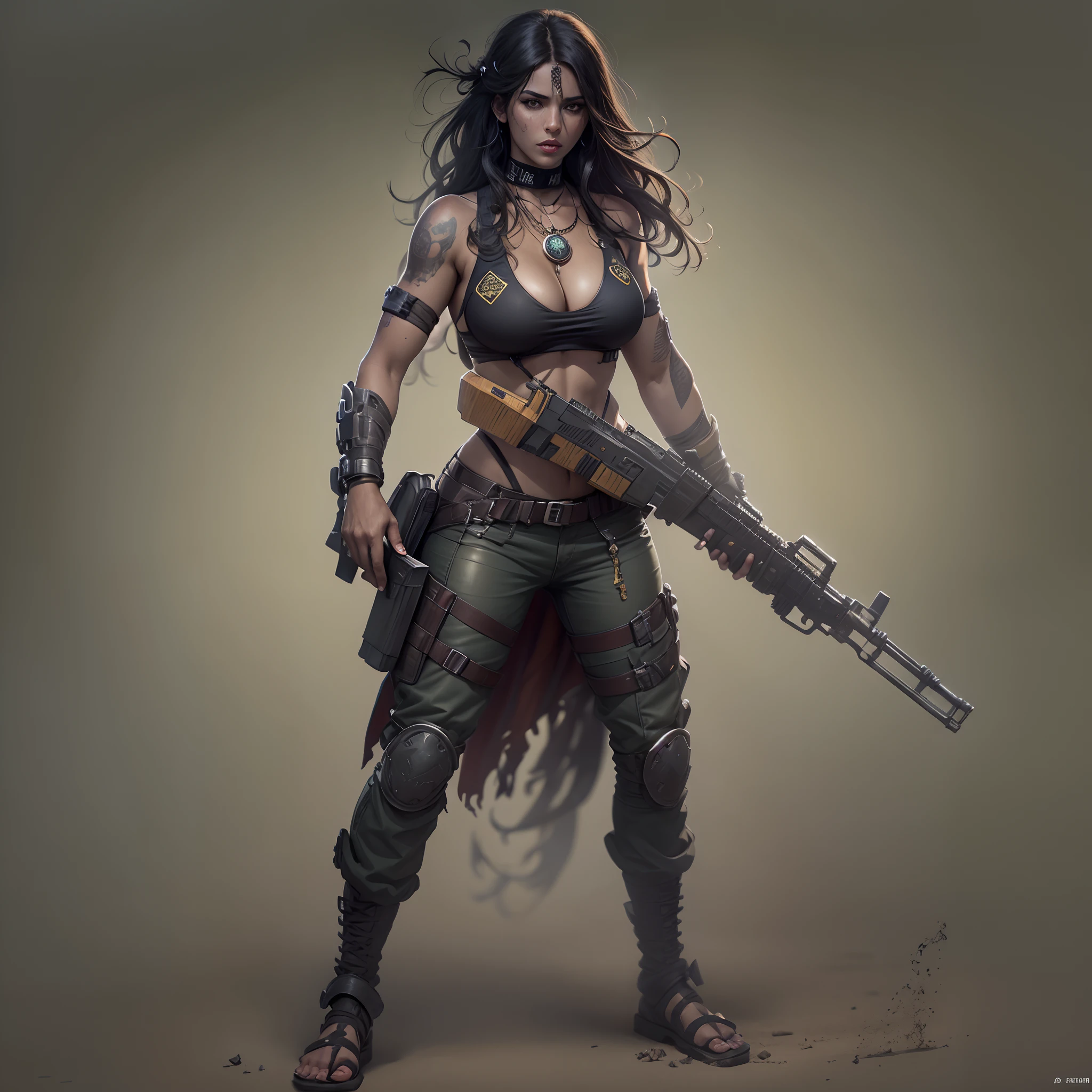 Gere uma imagem detalhada da personagem Mara, also known as 'Mara Death Dealer', do jogo Call of Duty: Guerra moderna. Describe its appearance, corpo inteiro, fisionomia cruel, micro bikini, na praia, sol poente, palmeiras, corpo escultural, flowing hair, [Equipamentos de ouro ((metralhadoras, Granadas, Accessories))], personalidade cruel