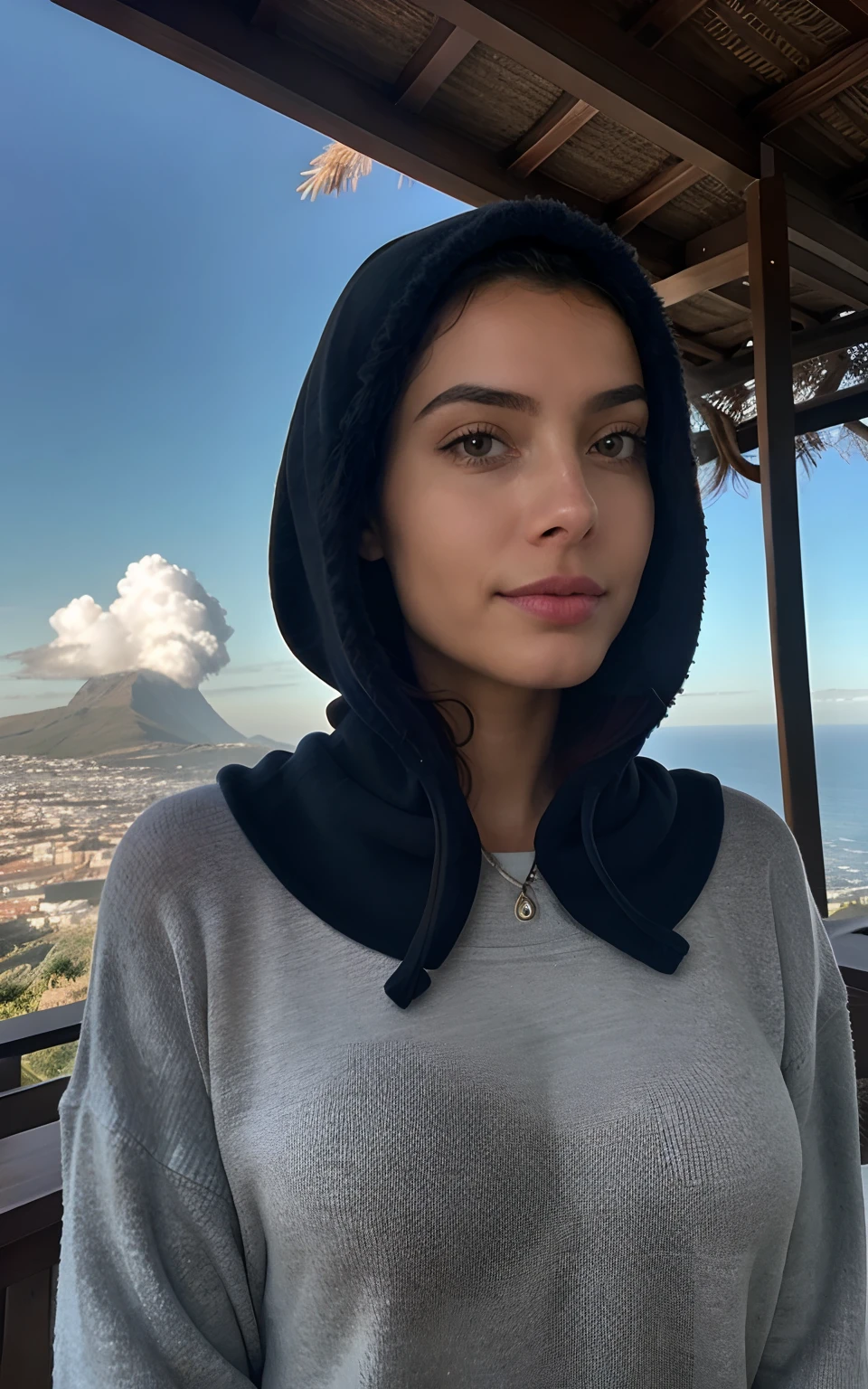 fotorrealista, best quality, hiper detalhado, Beautiful woman, foto selfie, parte superior do corpo, sozinho, wearing pullover, ao ar livre, (noite), montanhas, natureza da vida real, estrelas, ..lua, (Alegre, Feliz), Saco de dormir, Luvas, sweater, bonnet, lanterna, em casa, madeira, smoke billowing, mistborn, clear sky, analogue style, Olhando para o Viewer, textura da pele, filmic grain, fechar para cima, ultra high-resolution, melhor sombra, ..RAW, LUT do Instagram