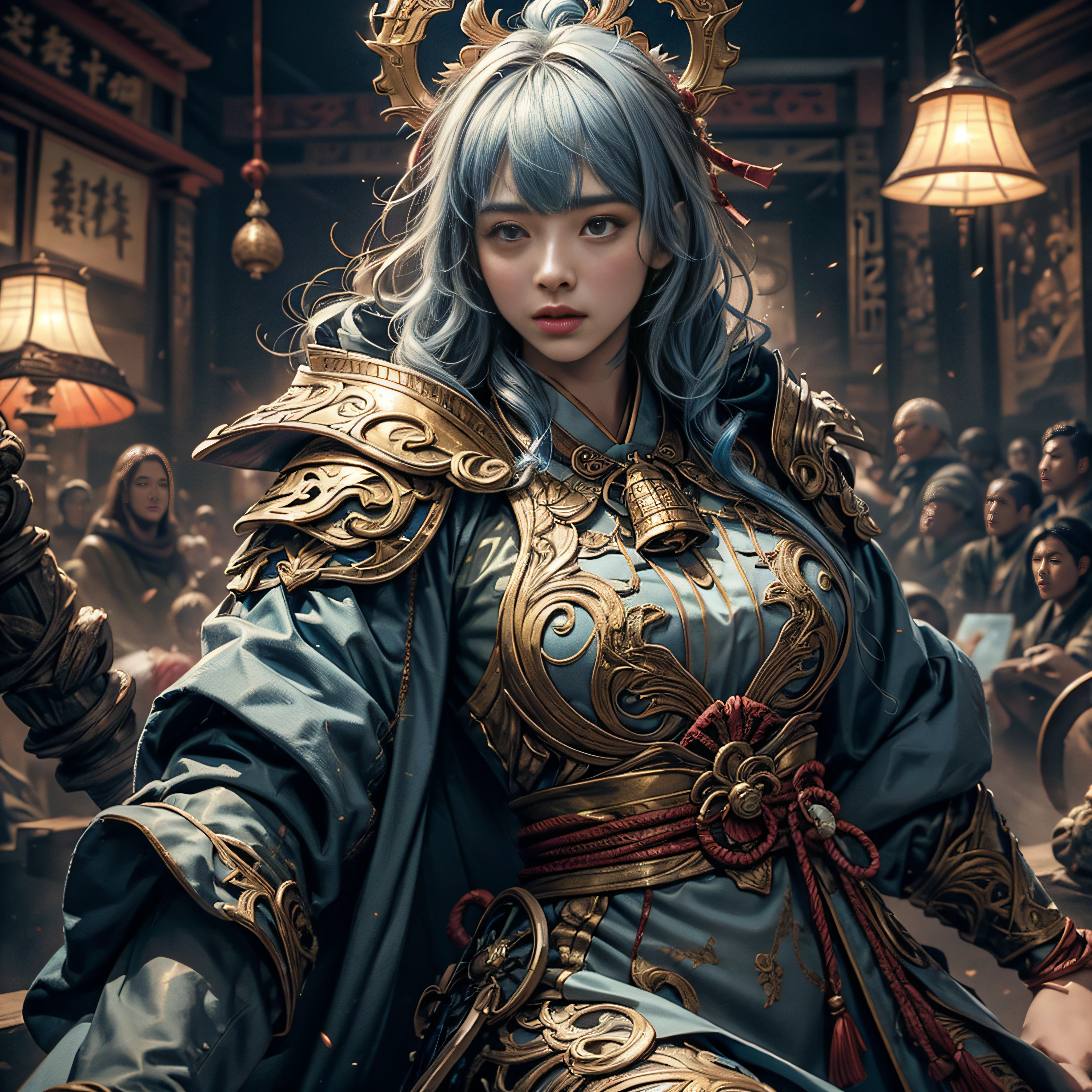 （（Jeizuo））），（（（best qualit））），（（ultra-detailliert）），（A hyper-realistic），（High Definition CG Illustration），Movie Light，Lifelike，（ganyu），Very beautiful young lady，Whirlwind，A bell hangs on his chest，（Beautiful face and lips），Light makeup，Intricate Details EBA，lightblue hair，blue cloak，Popular on ArtStation，Big thighs，fully body photo、Japan holding a sword in his hand、Japanese dress、Colossal tits