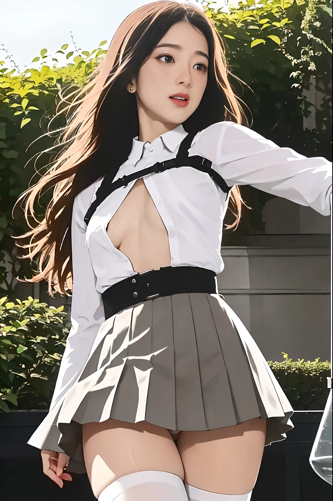 ((European )), excited girl, bare breasts, tiny pleated skirt, no panties, black tights to the waist, vagina with small hair, close-up from thighs to face, shot from below, very light skin, very long hair, wavy hair, blonde hair, garden, sunrise, photorealistic, indirect lighting, volumetric light, ray tracing, hyper-detailed, best quality, ultra-high resolution, HDR, 8k