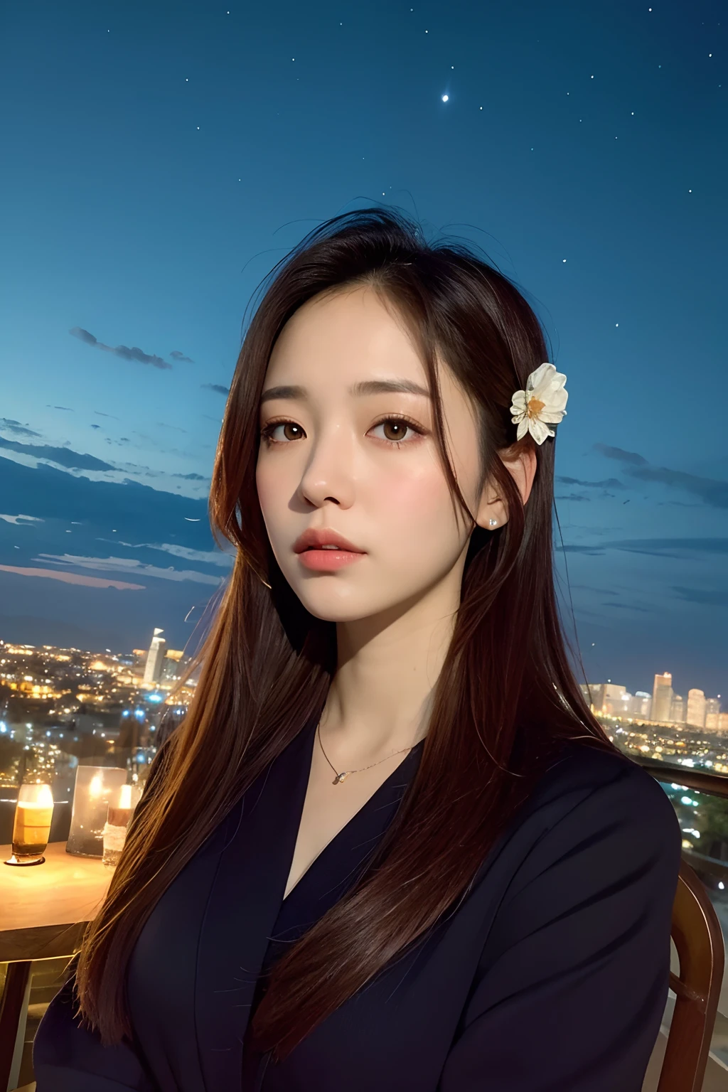 (best quality, masterpiece:1.2), Woman, Portrait, at night, dark cafe, detailed sky